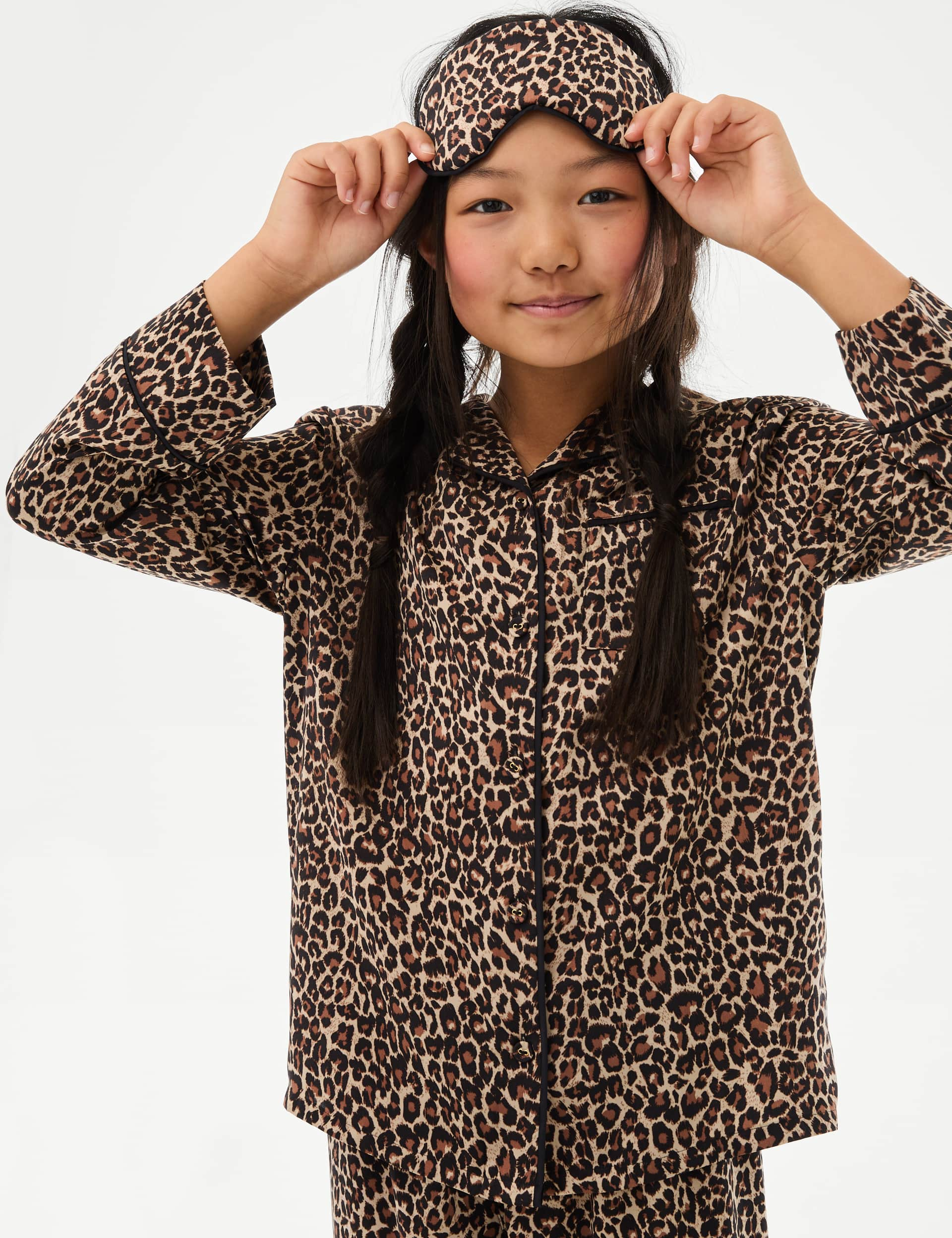 M&S Girls Satin Leopard Pyjamas and Eye Mask (3-16 Yrs) - 8-9 Y - Multi, Multi