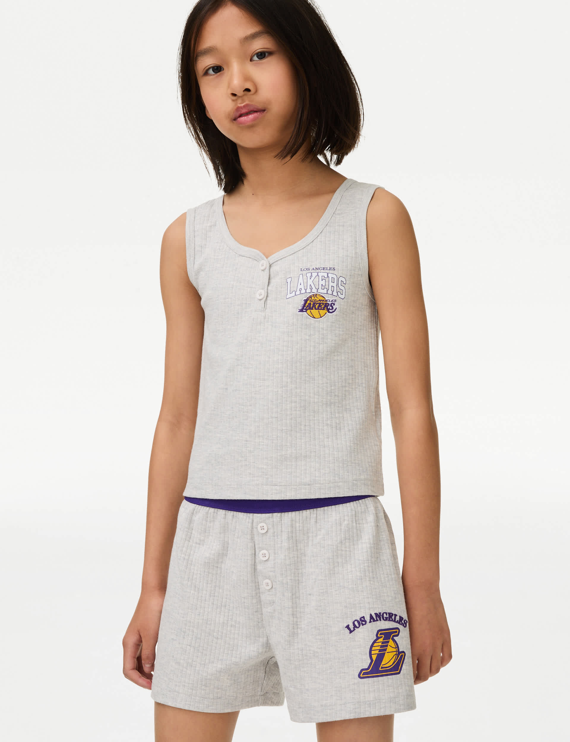 M&S Girls NBA Cotton Rich LA Lakers Pyjamas (6-16 Yrs) - 13-14 - Grey Marl, Grey Marl