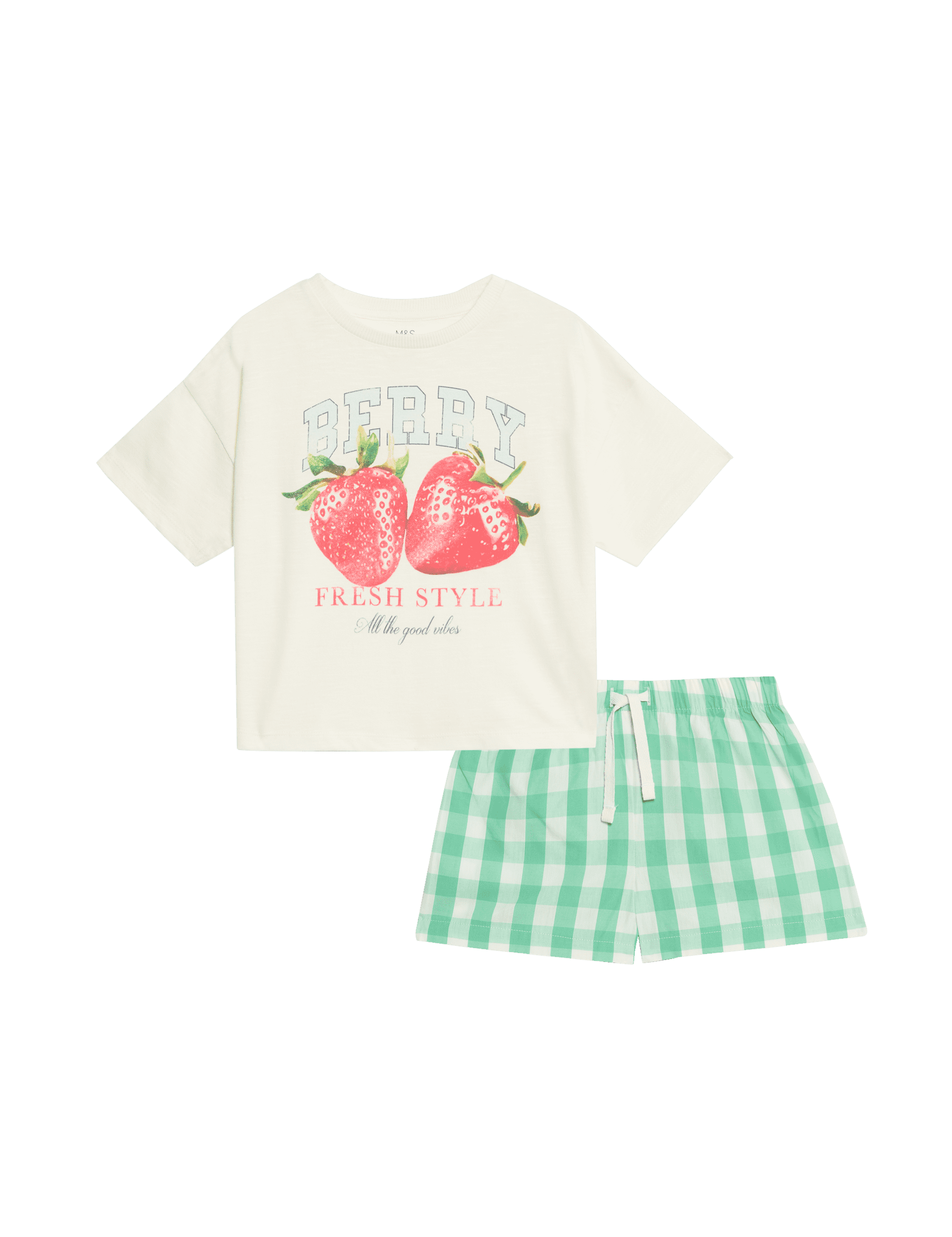 M&S Collection Girls Pure Cotton Fruit & Checked Pyjamas (3-16 Yrs) - 11-12 - Green Mix, Green Mix