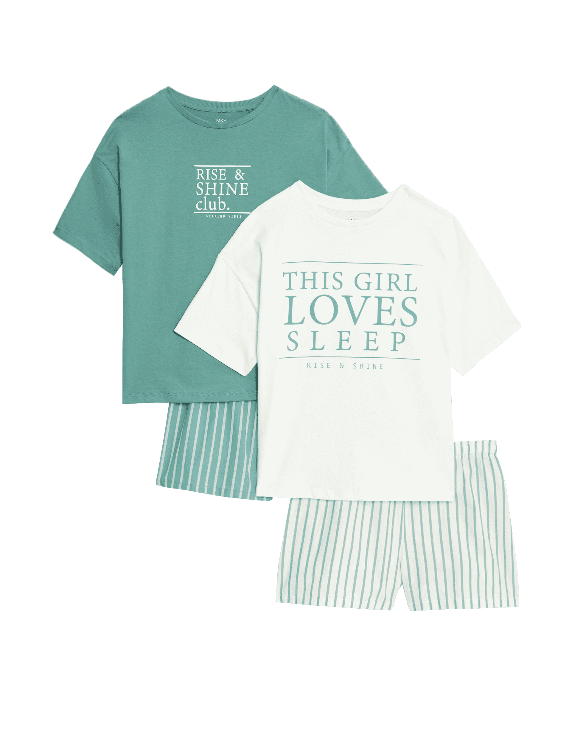 M&S Collection Girls 2 Pack Pure Cotton Pyjama Sets (6-16 Yrs) - 11-12 - Green Mix, Green Mix