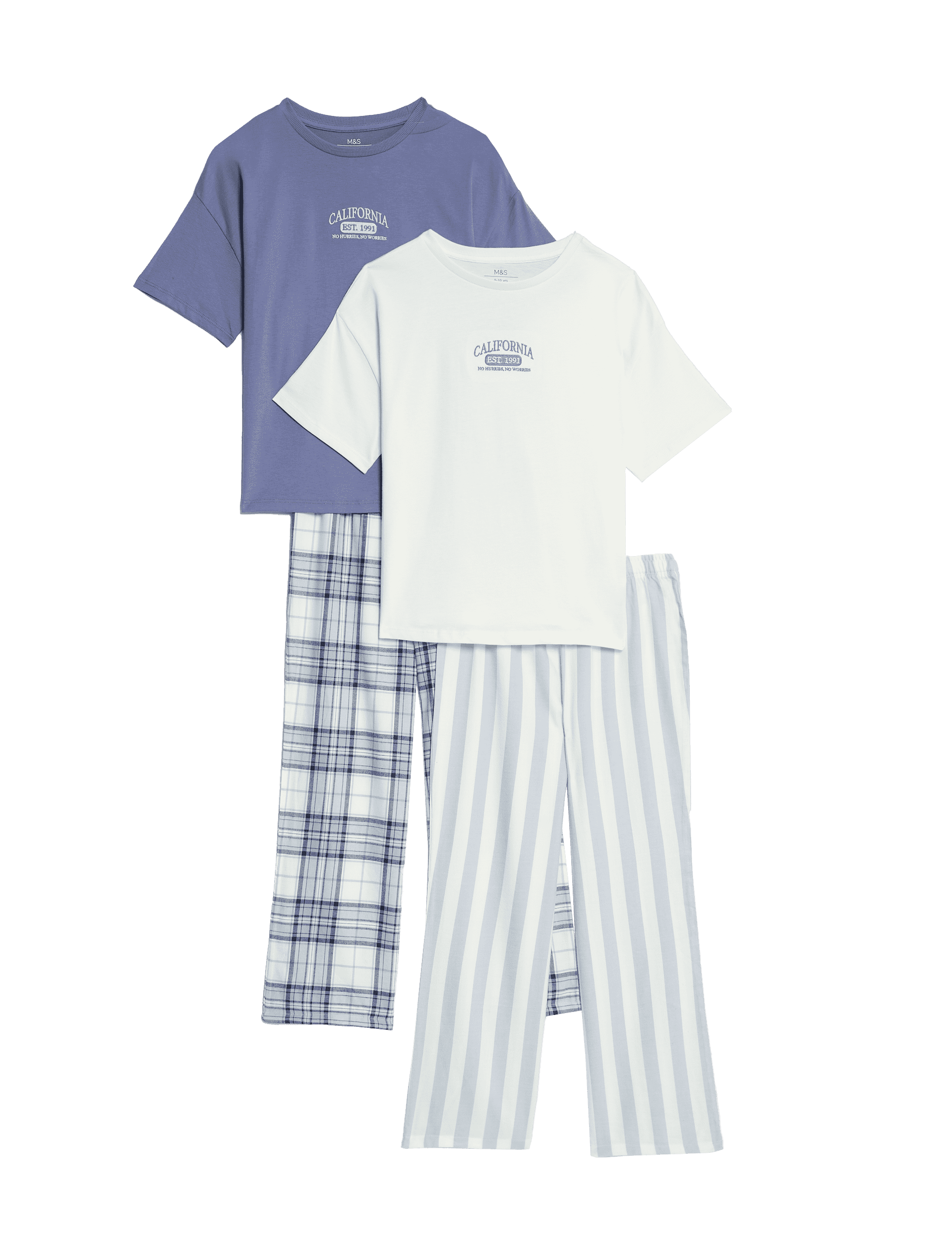 M&S Collection Girls 2 Pack Cotton Rich Printed Pyjama Sets - 9-10Y - Light Blue, Light Blue