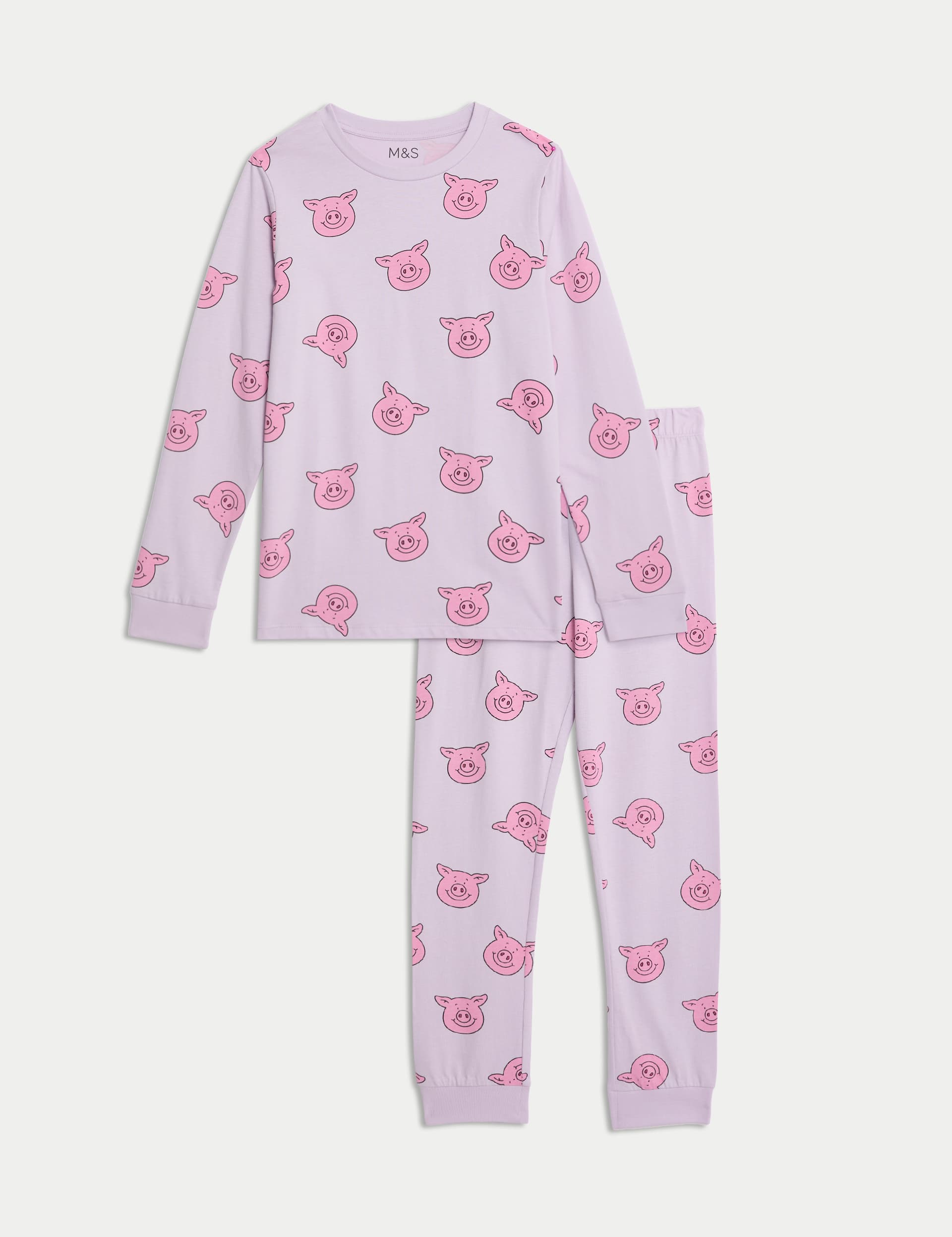 M&S Girls Pure Cotton Percy Pig Pyjamas (2-14 Yrs) - 6-7 Y - Lilac, Lilac