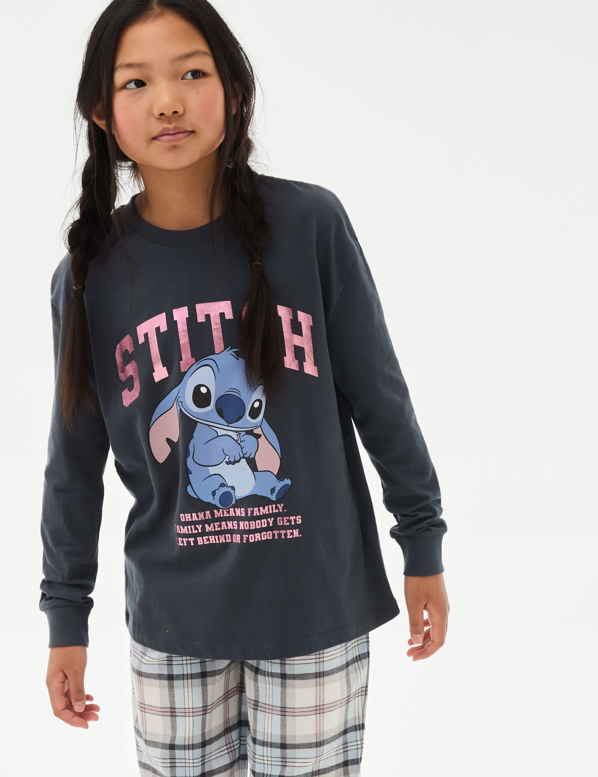 M&S Girls Lilo & Stitch Cotton Rich Pyjamas (6-16 Yrs) - 9-10Y - Dark Pewter, Dark Pewter