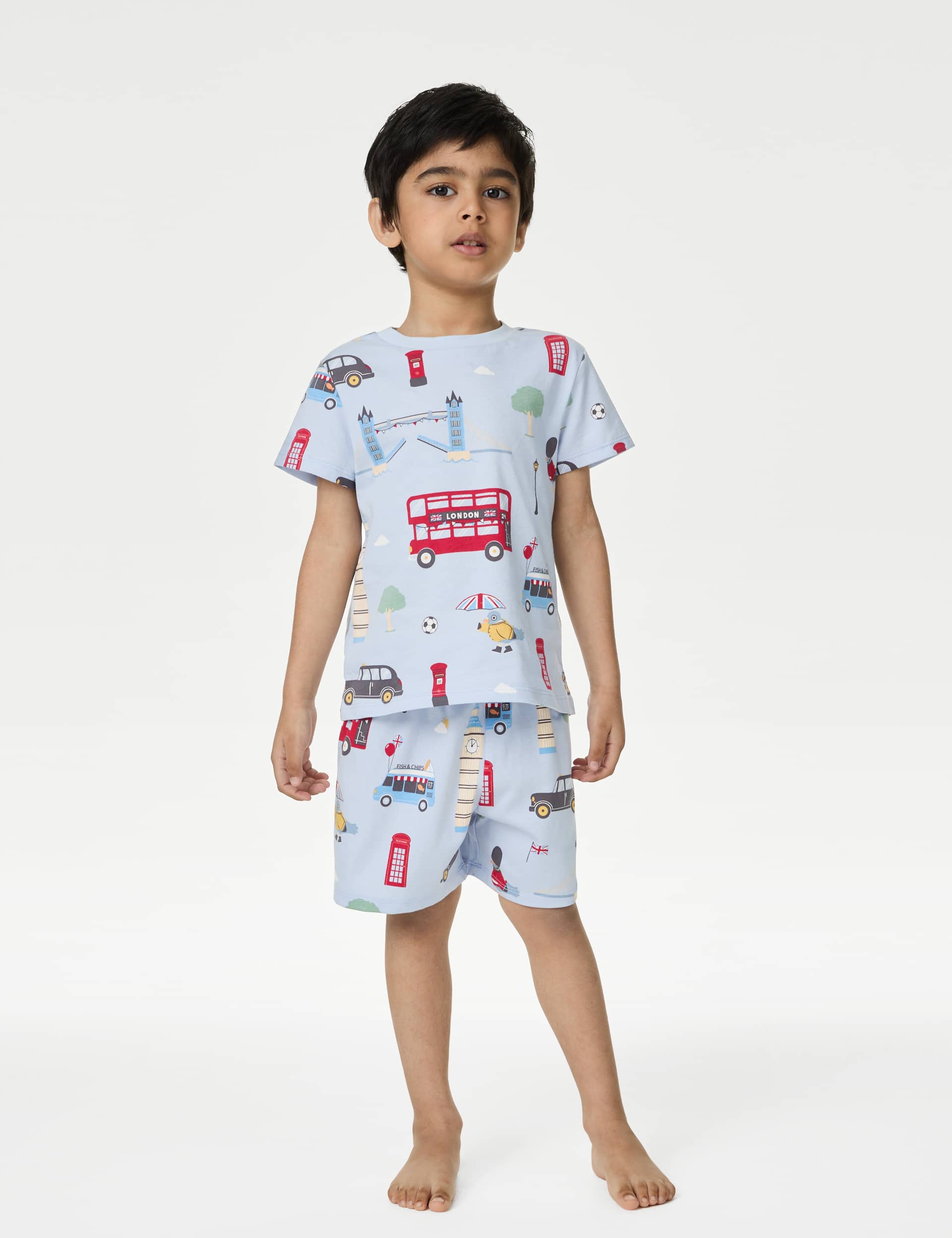 M&S Boys Pure Cotton London Pyjamas (1-14 Yrs) - 9-10Y - Light Blue, Light Blue