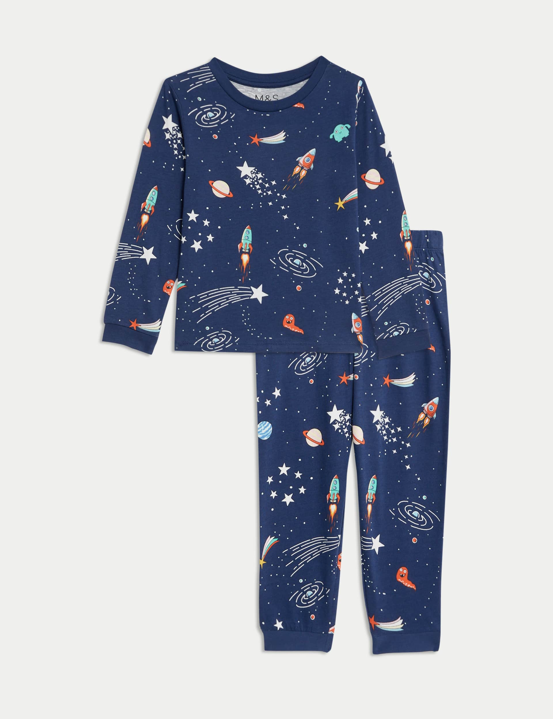 M&S Boys Pure Cotton Space Print Pyjamas (1-8 Yrs) - 2-3 Y - Navy, Navy