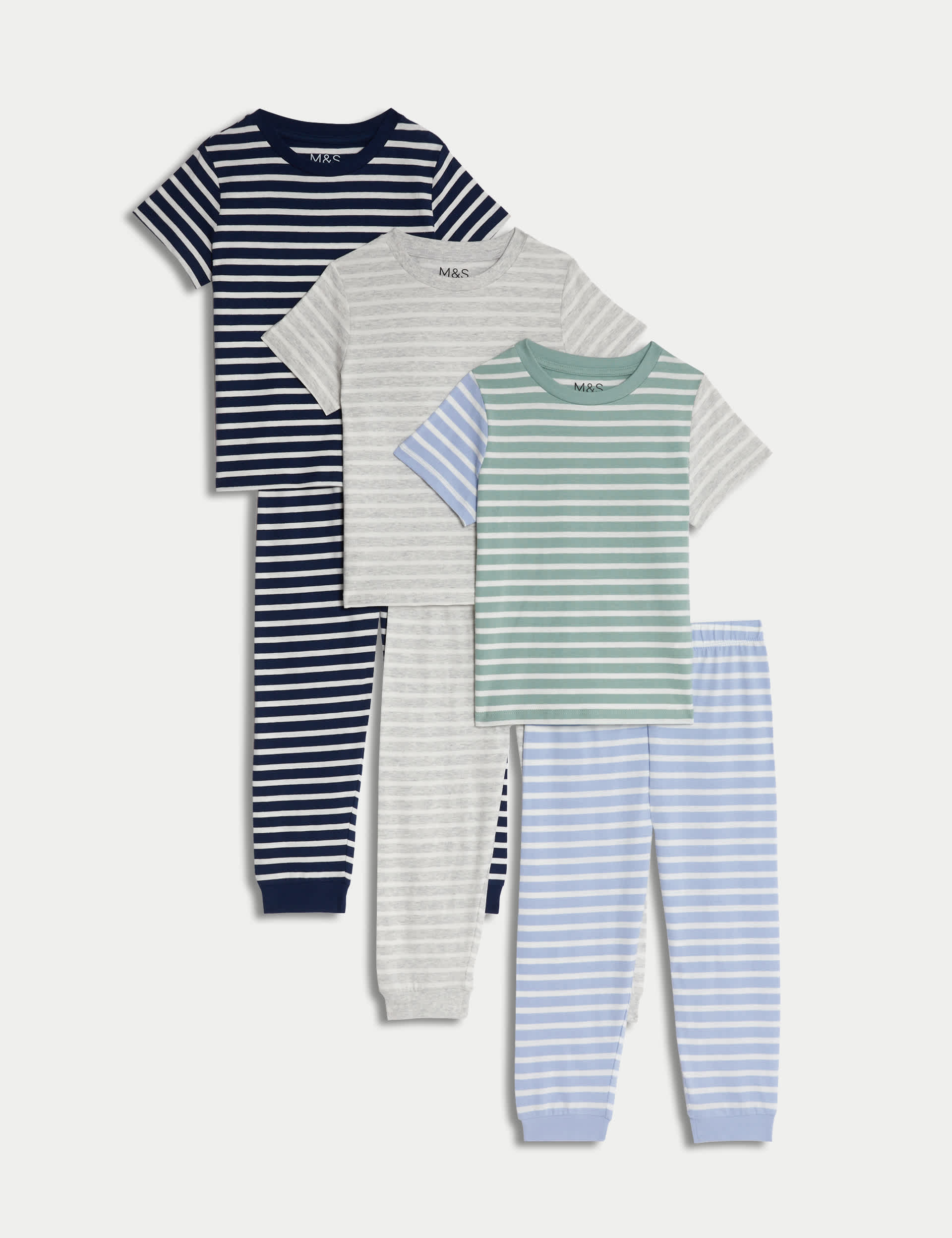 M&S Boys 3pk Pure Cotton Striped Pyjama Sets (1-8 Yrs) - 2-3 Y - Green Mix, Green Mix