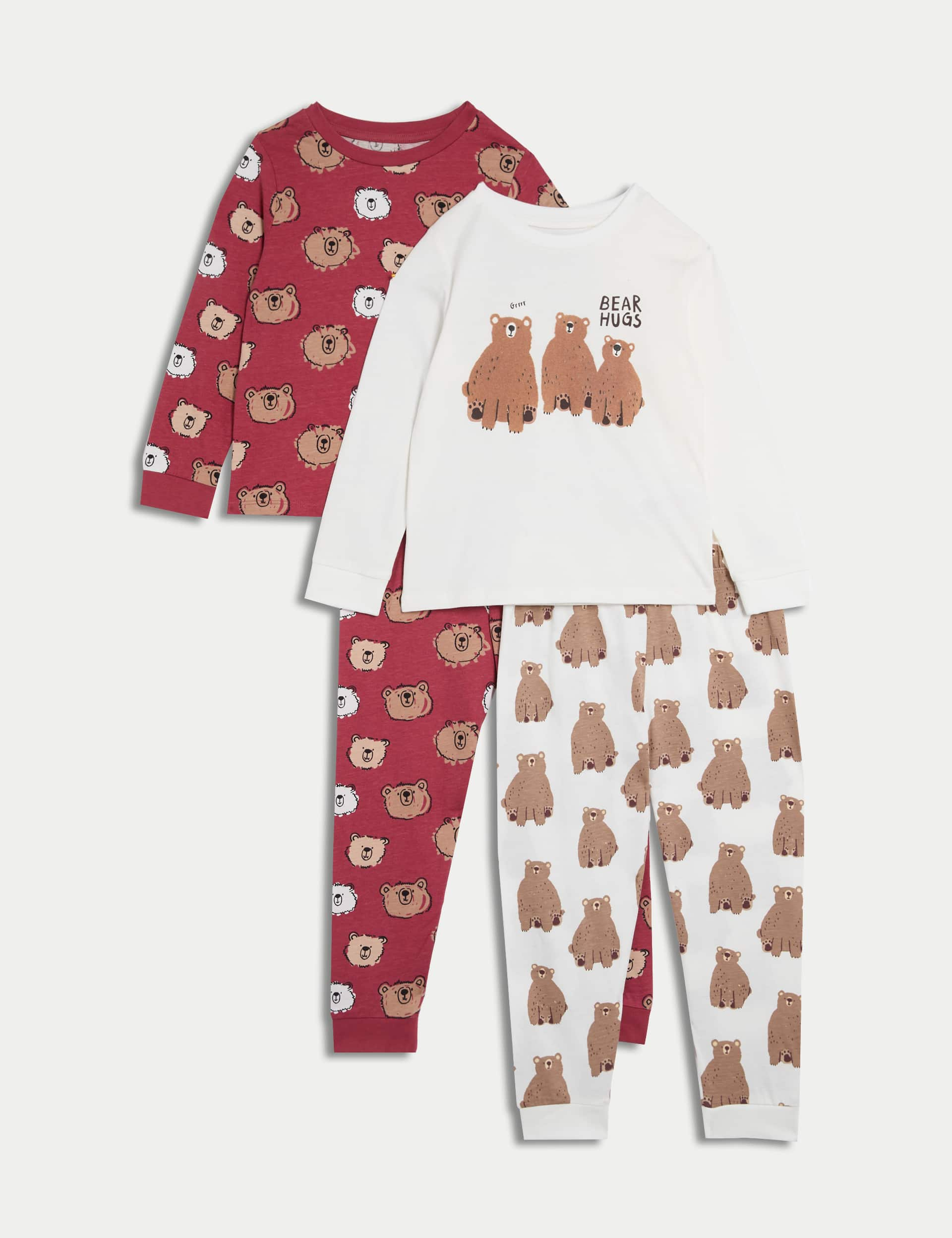 M&S Boys 2pk Pure Cotton Bear Pyjama Sets (1-8 Yrs) - 3-4 Y - Ecru, Ecru