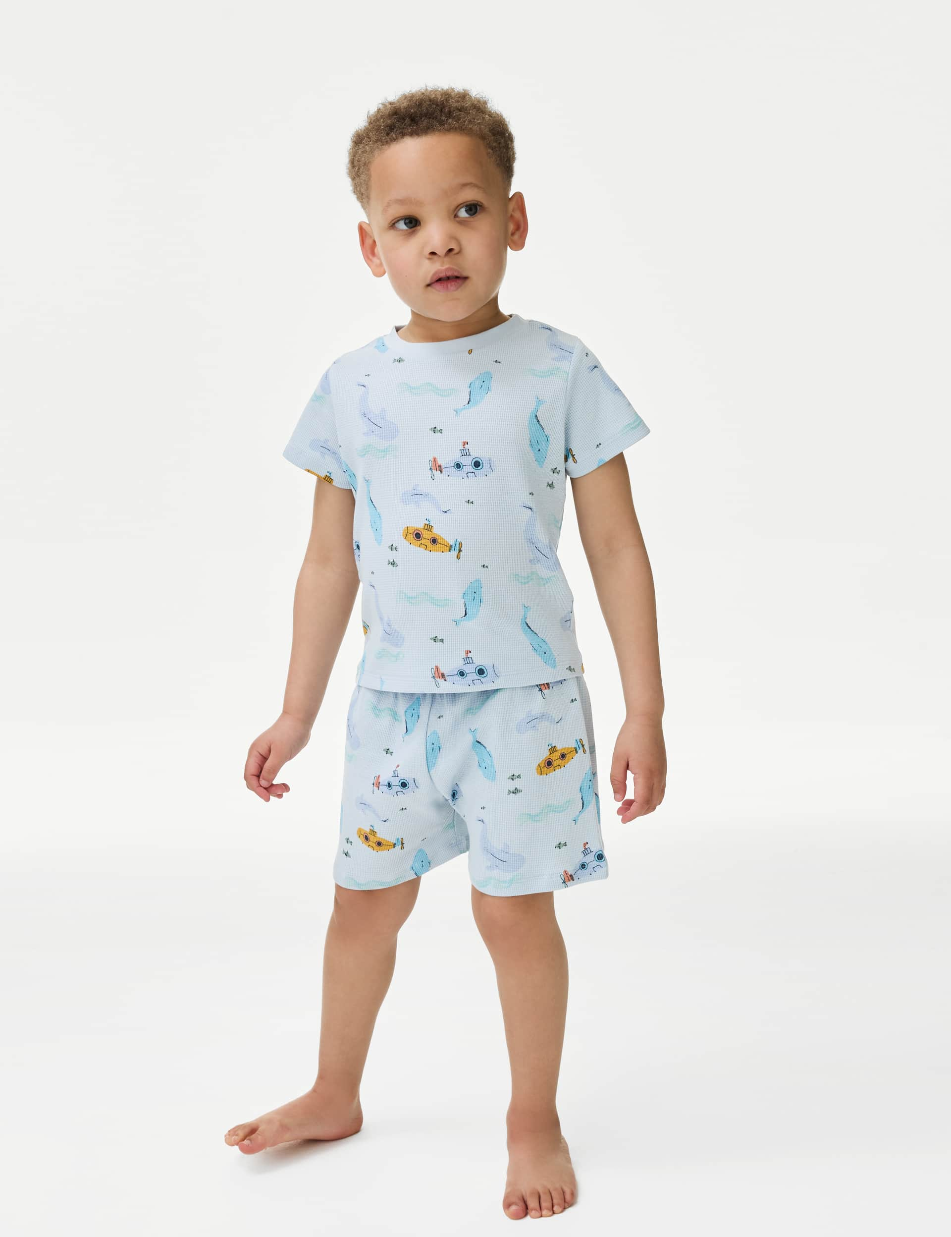 M&S Boys Pure Cotton Sea Print Waffle Pyjamas (1-8 Yrs) - 2-3 Y - Green Mix, Green Mix