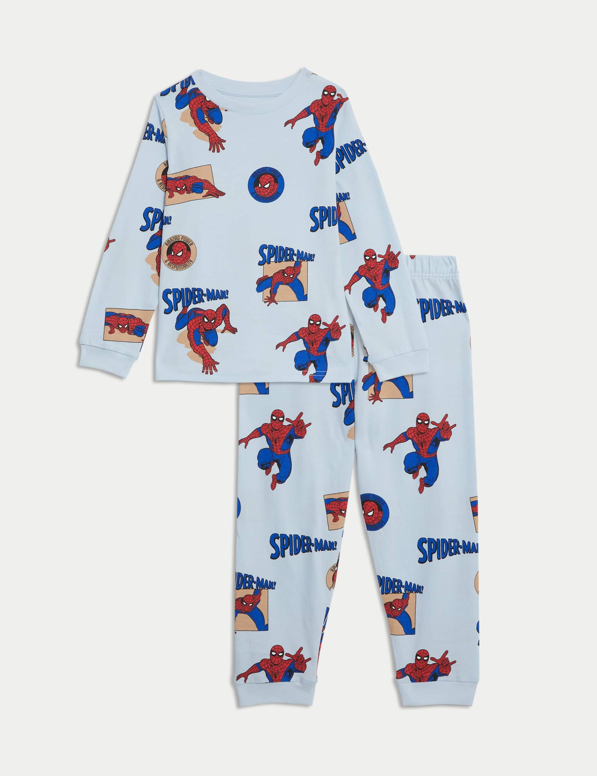 M&S Boys Pure Cotton Spider-Man Pyjamas (2-8 Yrs) - 4-5 Y - Light Blue, Light Blue