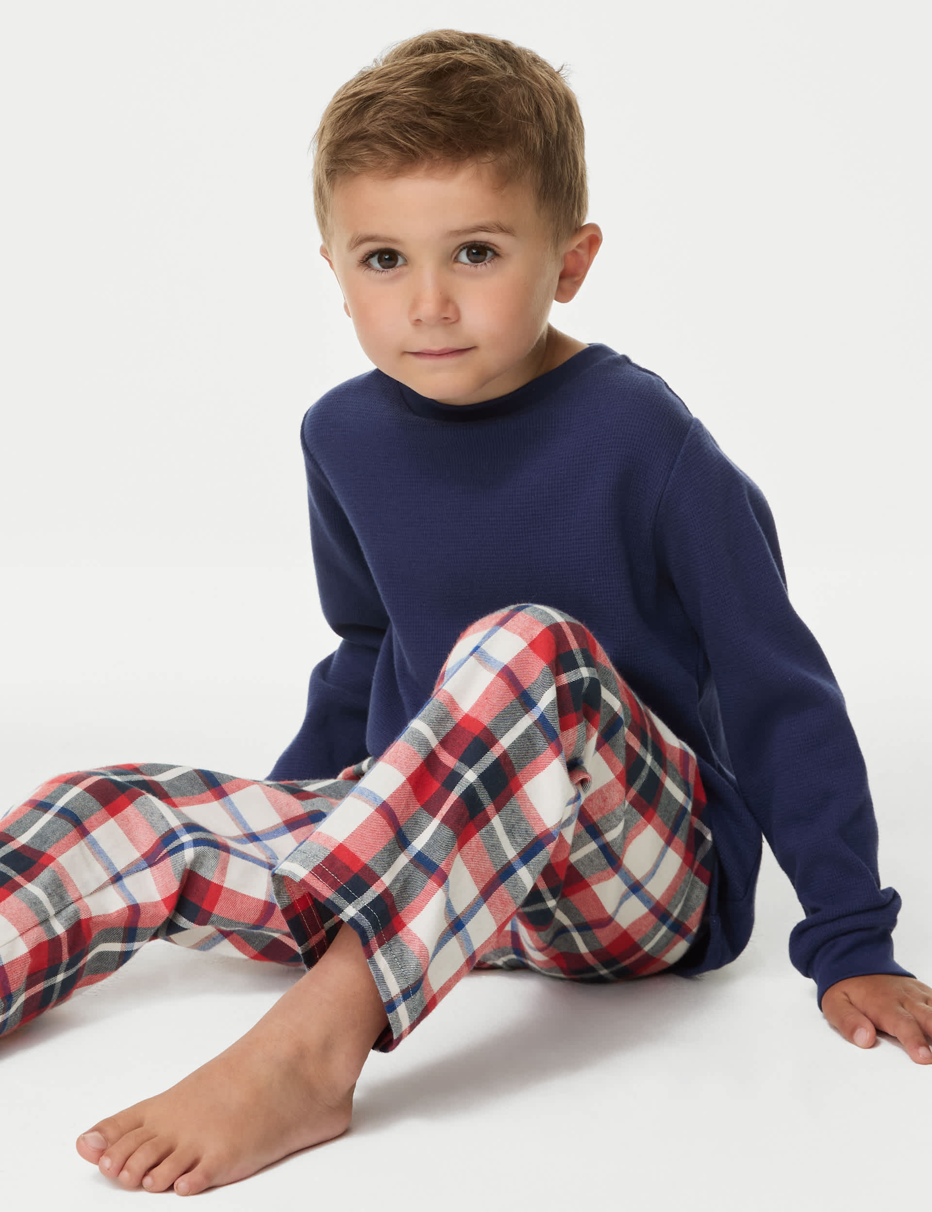 M&S Boys Pure Cotton Checked Pyjamas (1-8 Yrs) - 2-3 Y - Red Mix, Red Mix