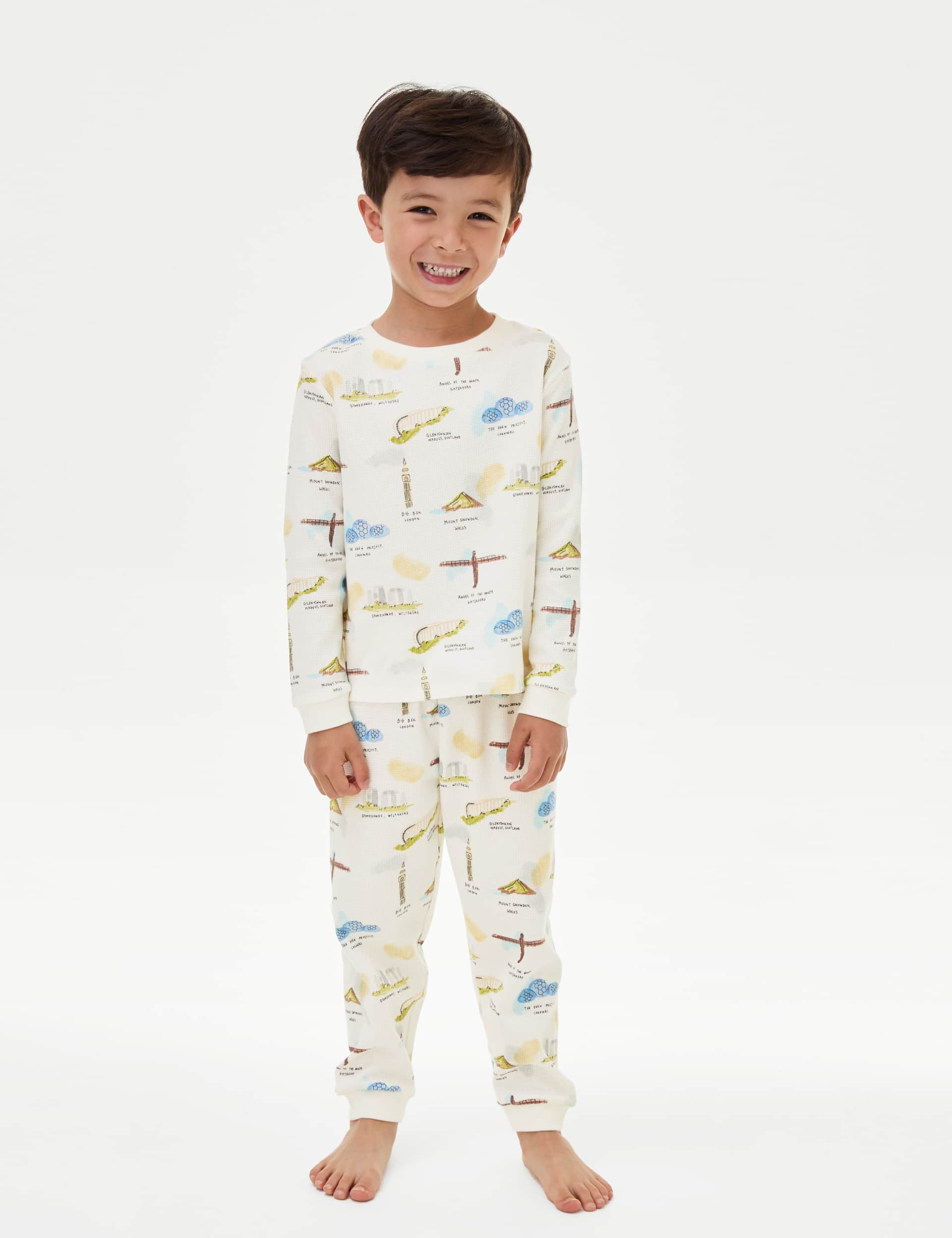 M&S Boys Waffle Landmark Print Pyjamas (1-8 Yrs) - 2-3 Y - Ivory, Ivory