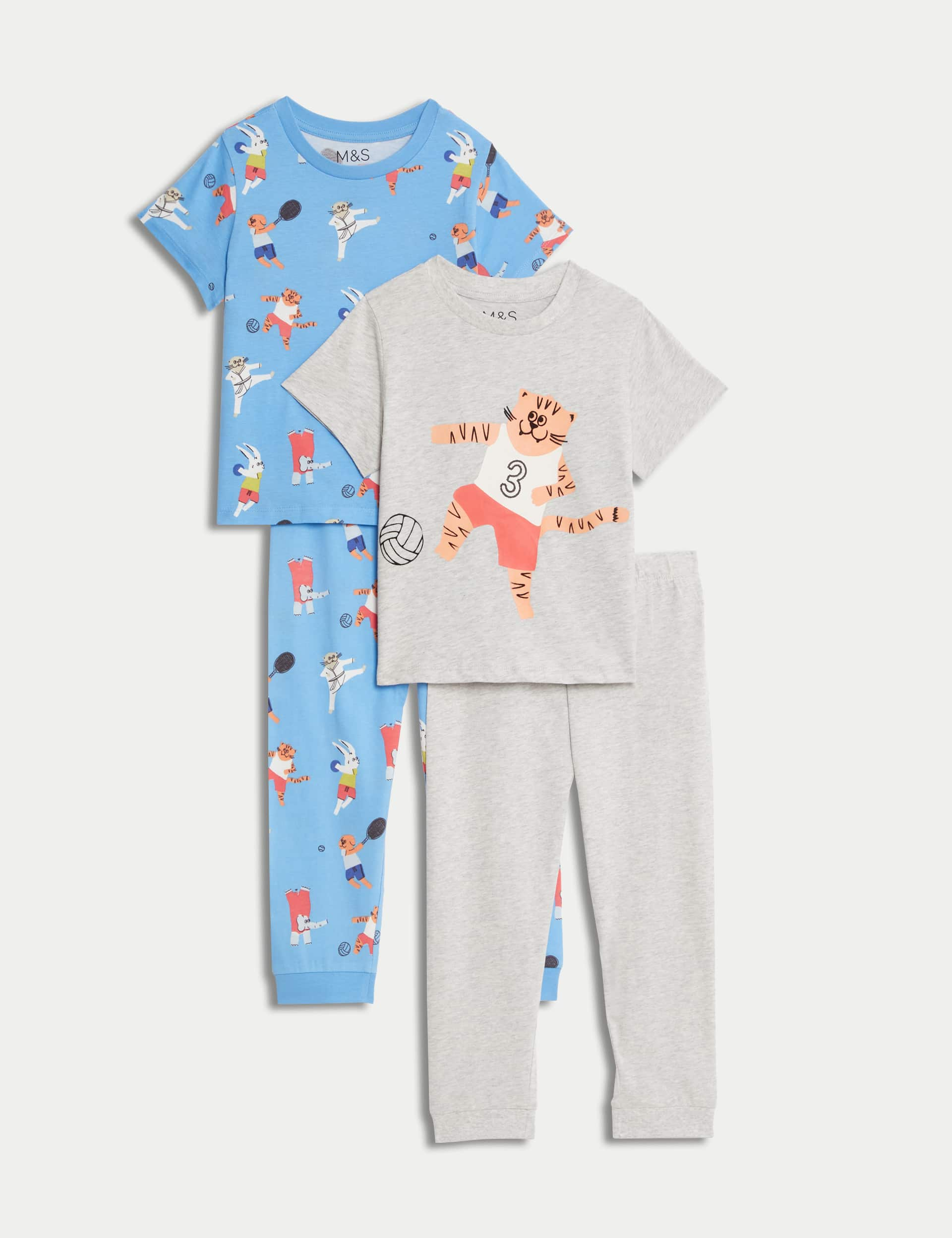 M&S Boys 2pk Pure Cotton Sports Animals Pyjama Sets (1-8 Yrs) - 2-3 Y - Fresh Blue, Fresh Blue