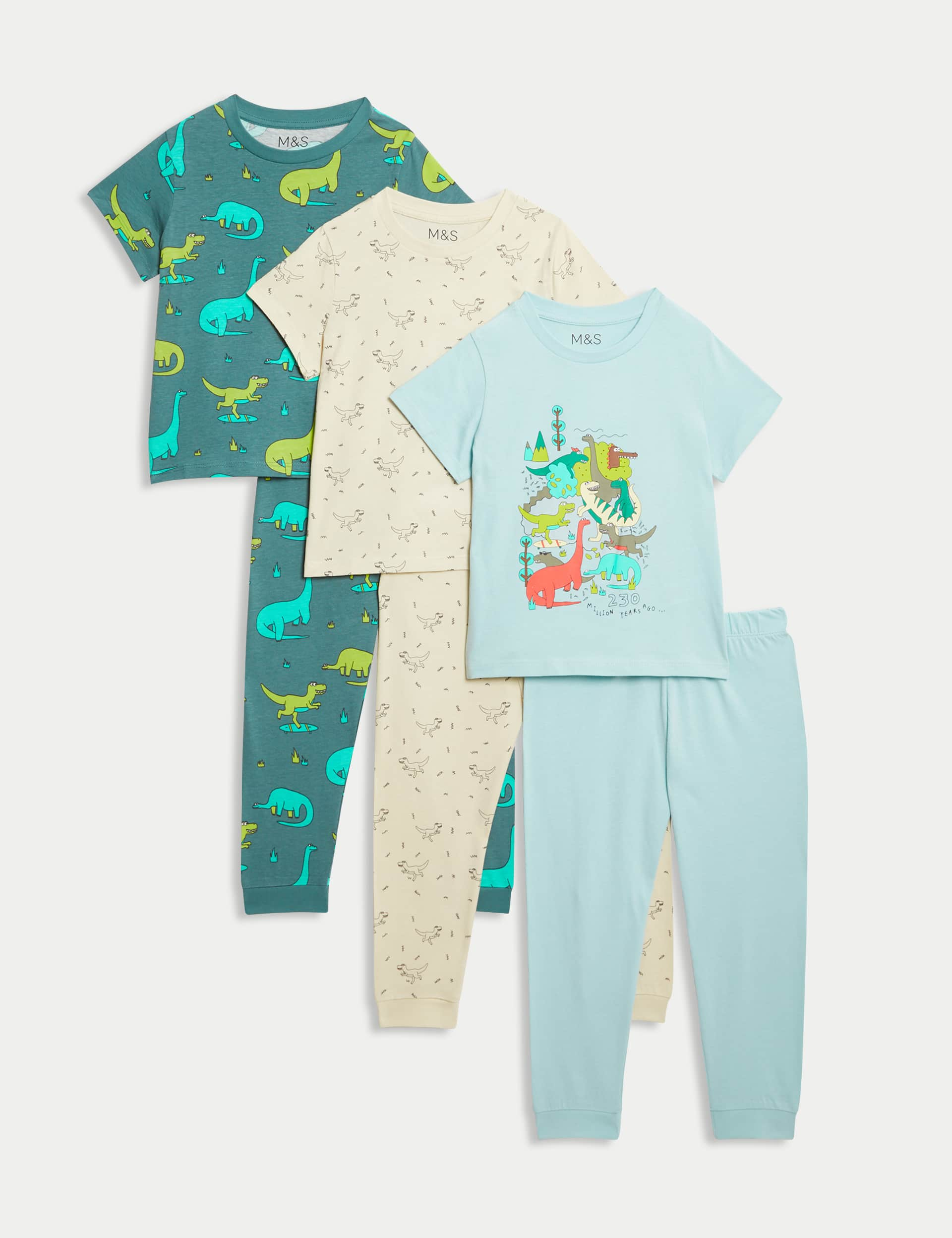 M&S Boys 3pk Pure Cotton Dinosaur Pyjama Sets (1-8 Yrs) - 3-4 Y - Green, Green