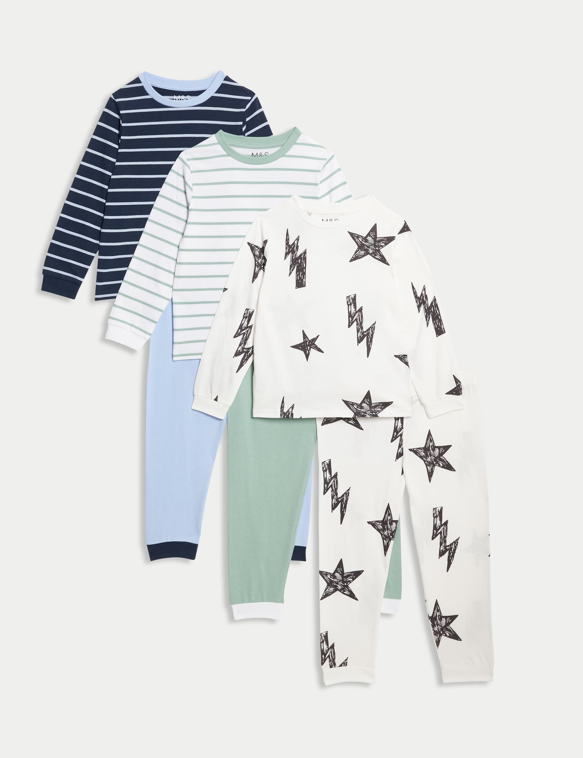 M&S Boys 3pk Pure Cotton Star & Striped Pyjama Sets (1-8 Yrs) - 2-3 Y - Chambray, Chambray