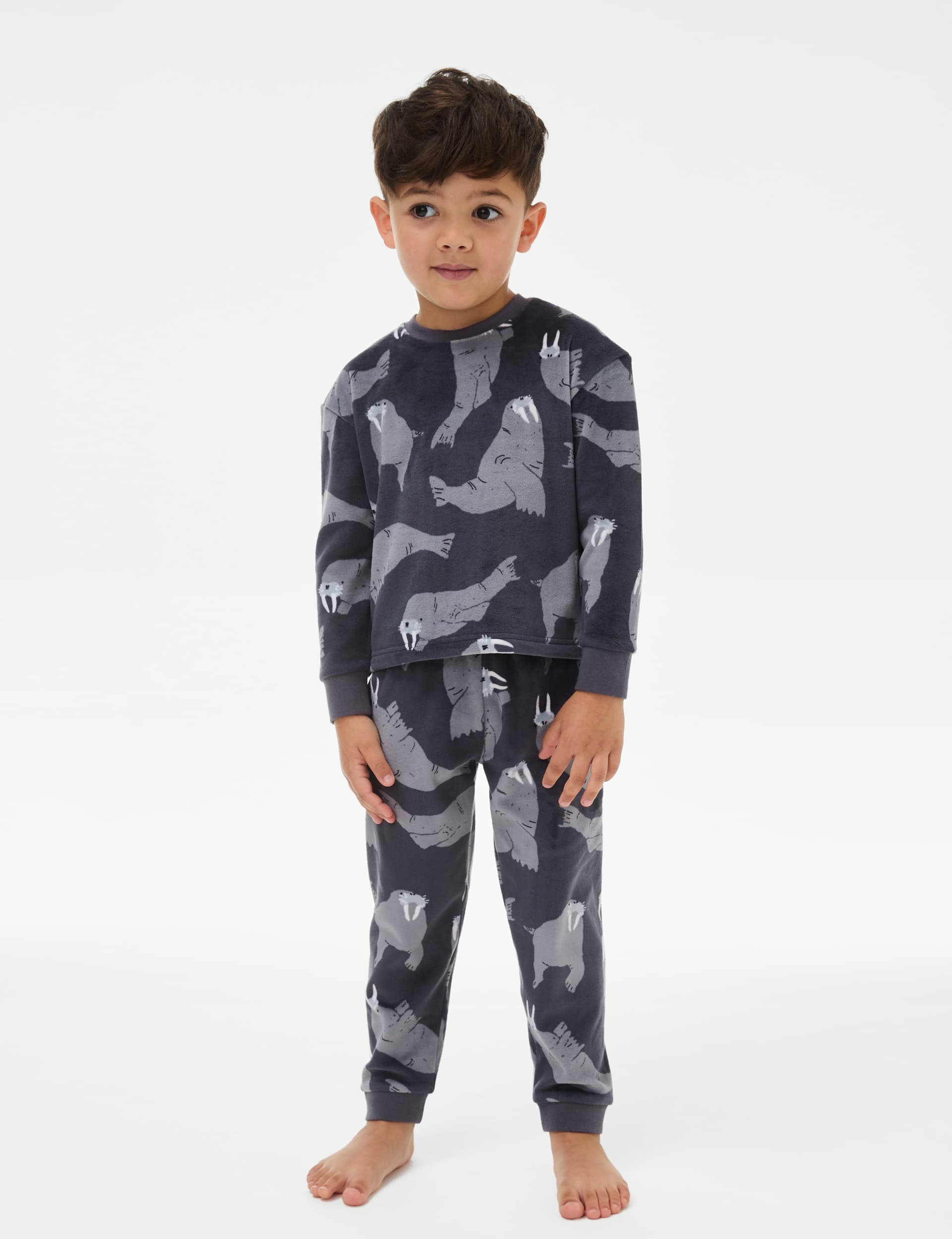 M&S Boys Velour Walrus Pyjamas (1-8 Yrs) - 3-4 Y - Multi Greys, Multi Greys