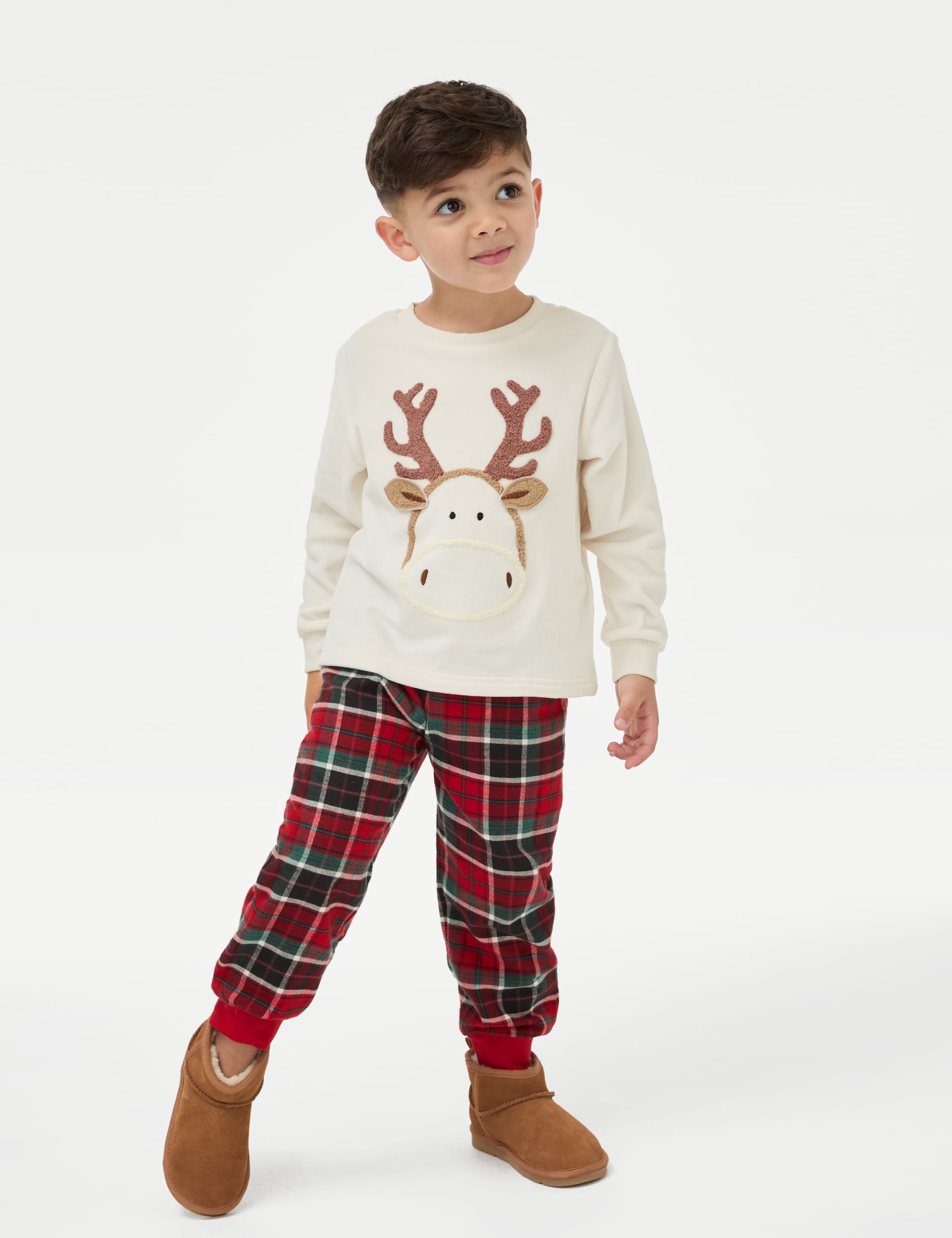 M&S Boys Reindeer Waffle Christmas Pyjamas (1-8 Yrs) - 4-5 Y - Neutral, Neutral