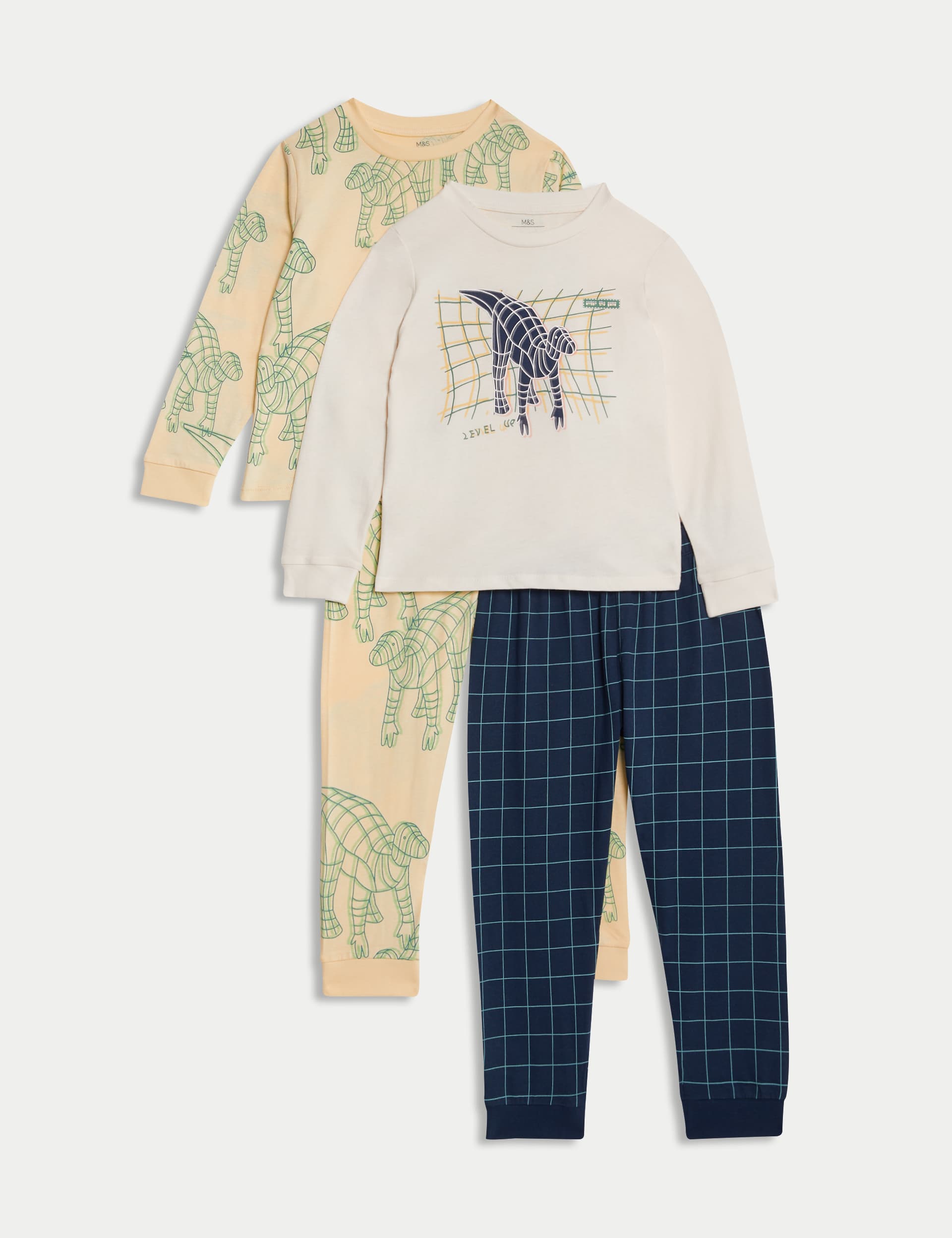 M&S Collection Boys 2 Pack Pure Cotton Dinosaur Pyjama Sets (1-8 Yrs) - 3-4 Y - Navy, Navy