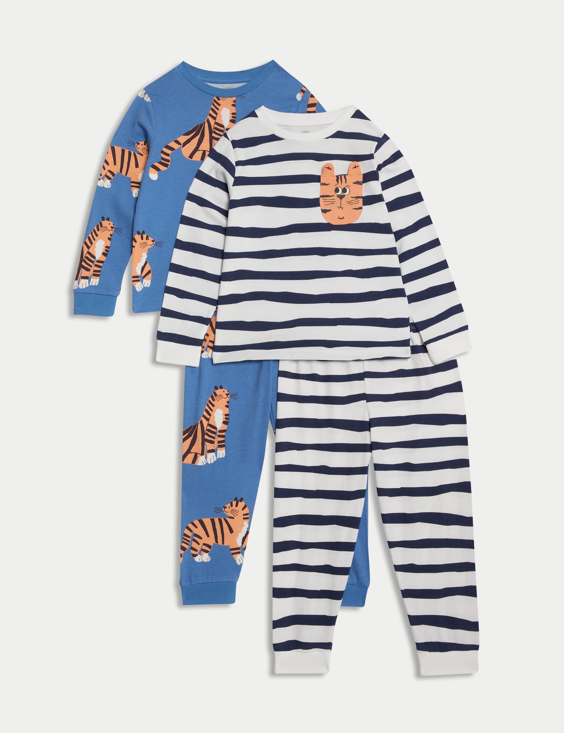 M&S Collection Boys 2 Pack Pure Cotton Tiger Pyjamas (1-8 Yrs) - 3-4 Y - Blue Mix, Blue Mix