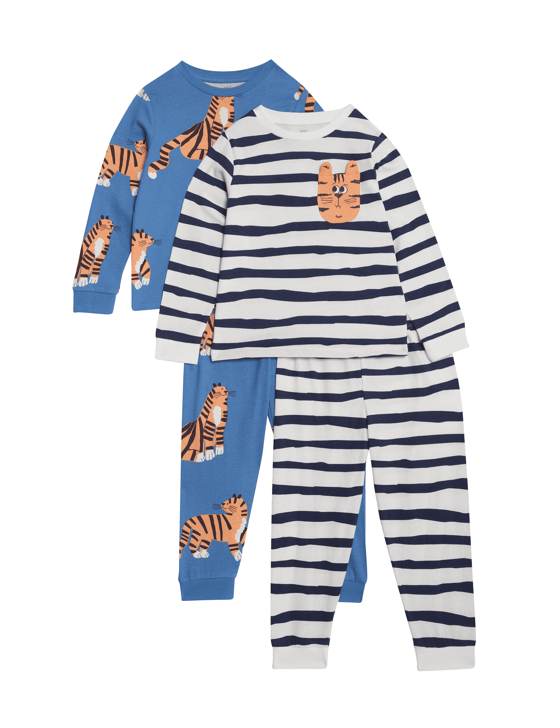 M&S Collection Boys 2 Pack Pure Cotton Tiger Pyjamas (1-8 Yrs) - 4-5 Y - Blue Mix, Blue Mix