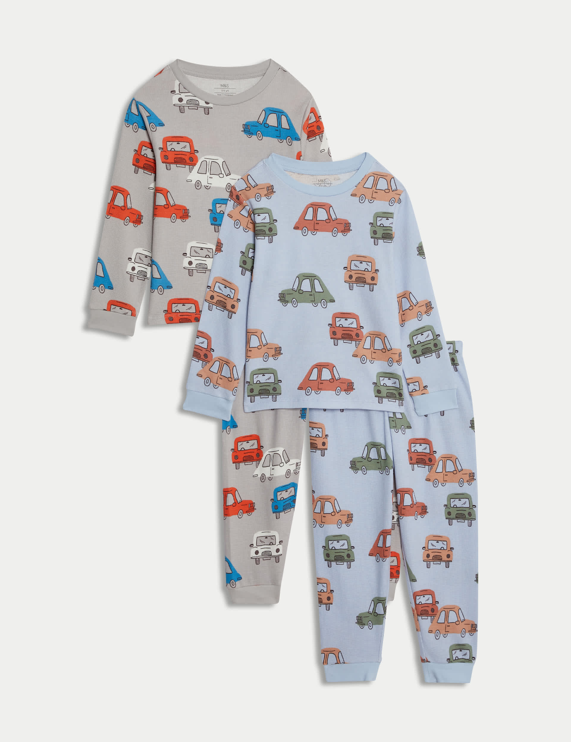 M&S Collection Boys 2 Pack Cotton Rich Waffle Car Pyjamas (1-8 Yrs) - 7-8 Y - Grey, Grey