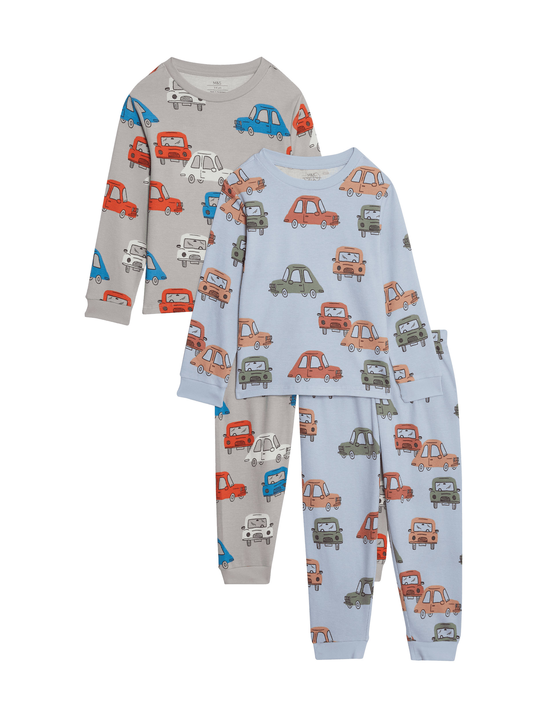 M&S Collection Boys 2 Pack Cotton Rich Waffle Car Pyjamas (1-8 Yrs) - 7-8 Y - Grey, Grey