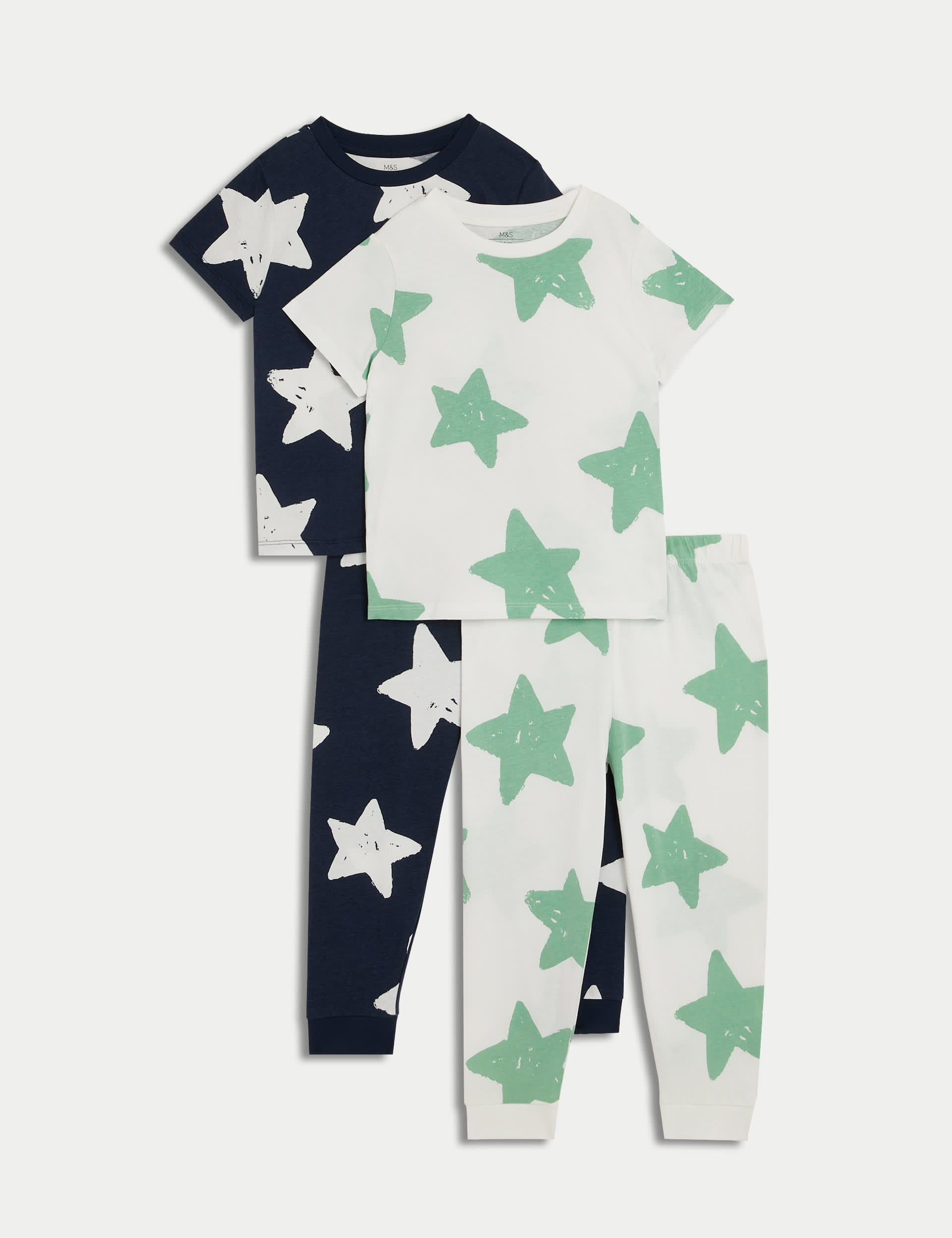 M&S Collection Boys 2 Pack Pure Cotton Star Pyjama Sets (1-8 Yrs) - 3-4 Y - White/Black, White/Black