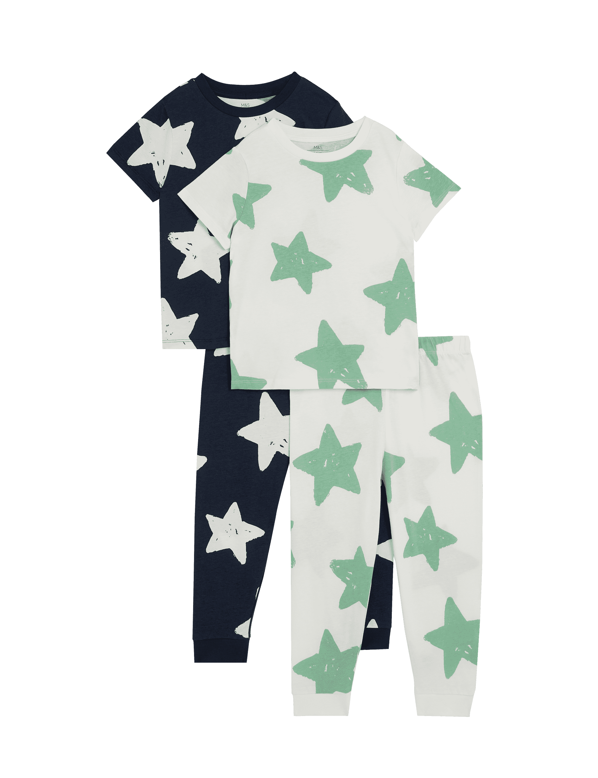 M&S Collection Boys 2 Pack Pure Cotton Star Pyjama Sets (1-8 Yrs) - 3-4 Y - White/Black, White/Black