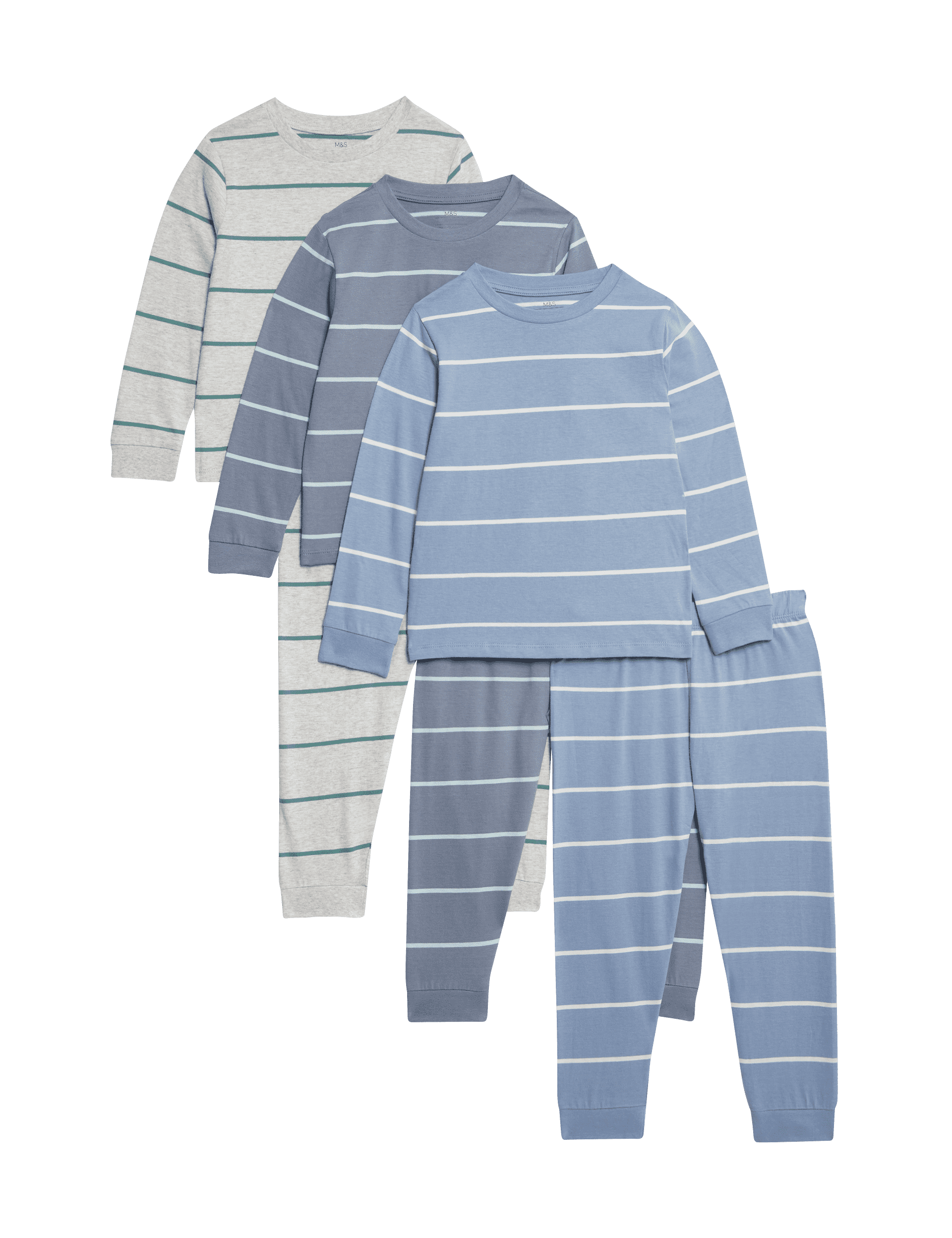 M&S Collection Boys 3pk Pure Cotton Striped Pyjama Sets (1-8 Yrs) - 3-4 Y - Grey Mix, Grey Mix