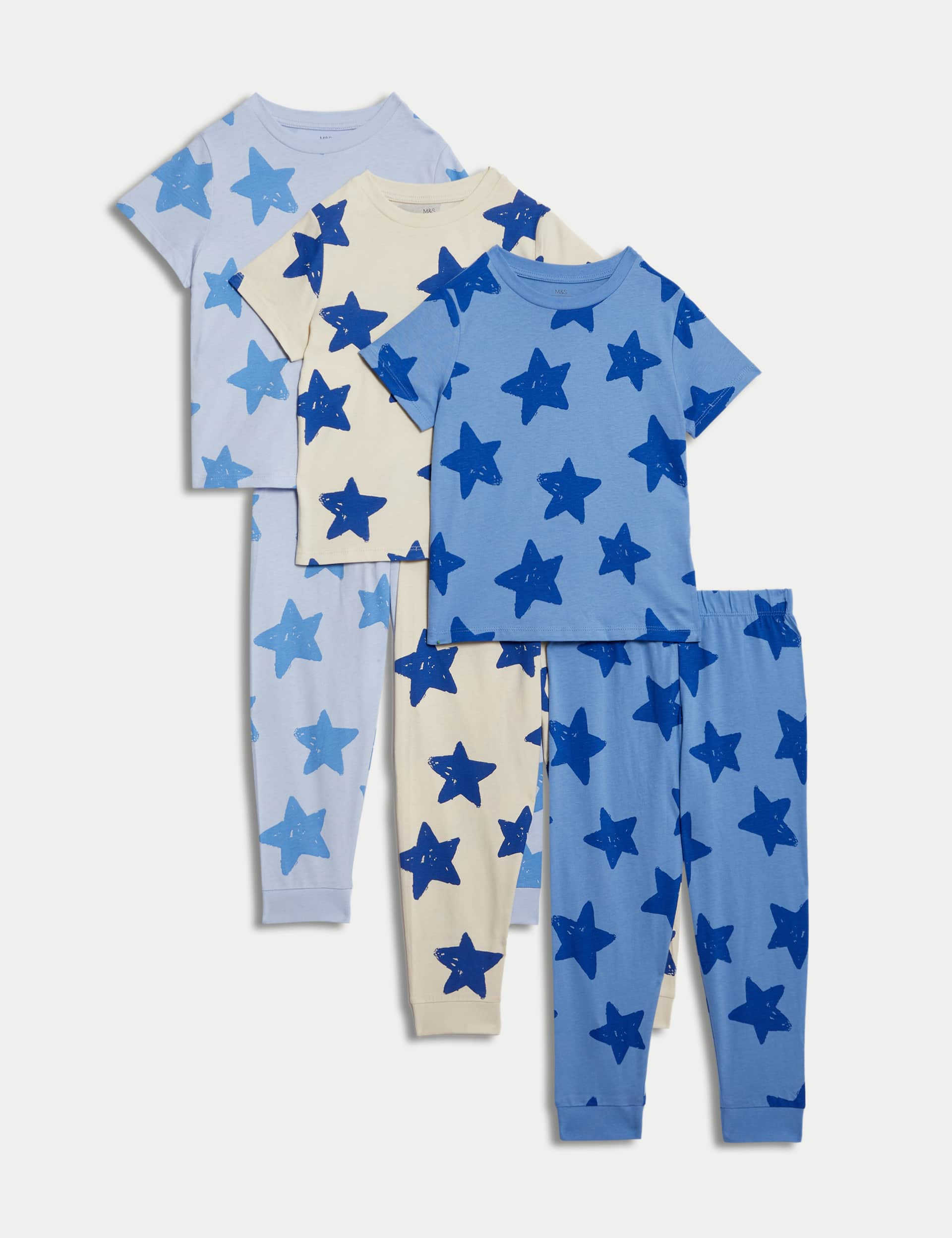 M&S Collection Boys 3pk Pure Cotton Star Pyjama Sets (1-8 Yrs) - 3-4 Y - Blue Mix, Blue Mix