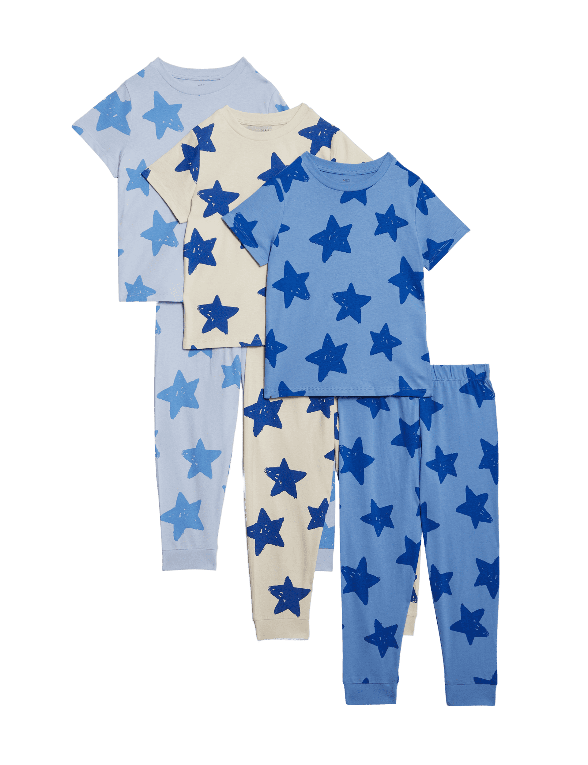 M&S Collection Boys 3pk Pure Cotton Star Pyjama Sets (1-8 Yrs) - 3-4 Y - Blue Mix, Blue Mix