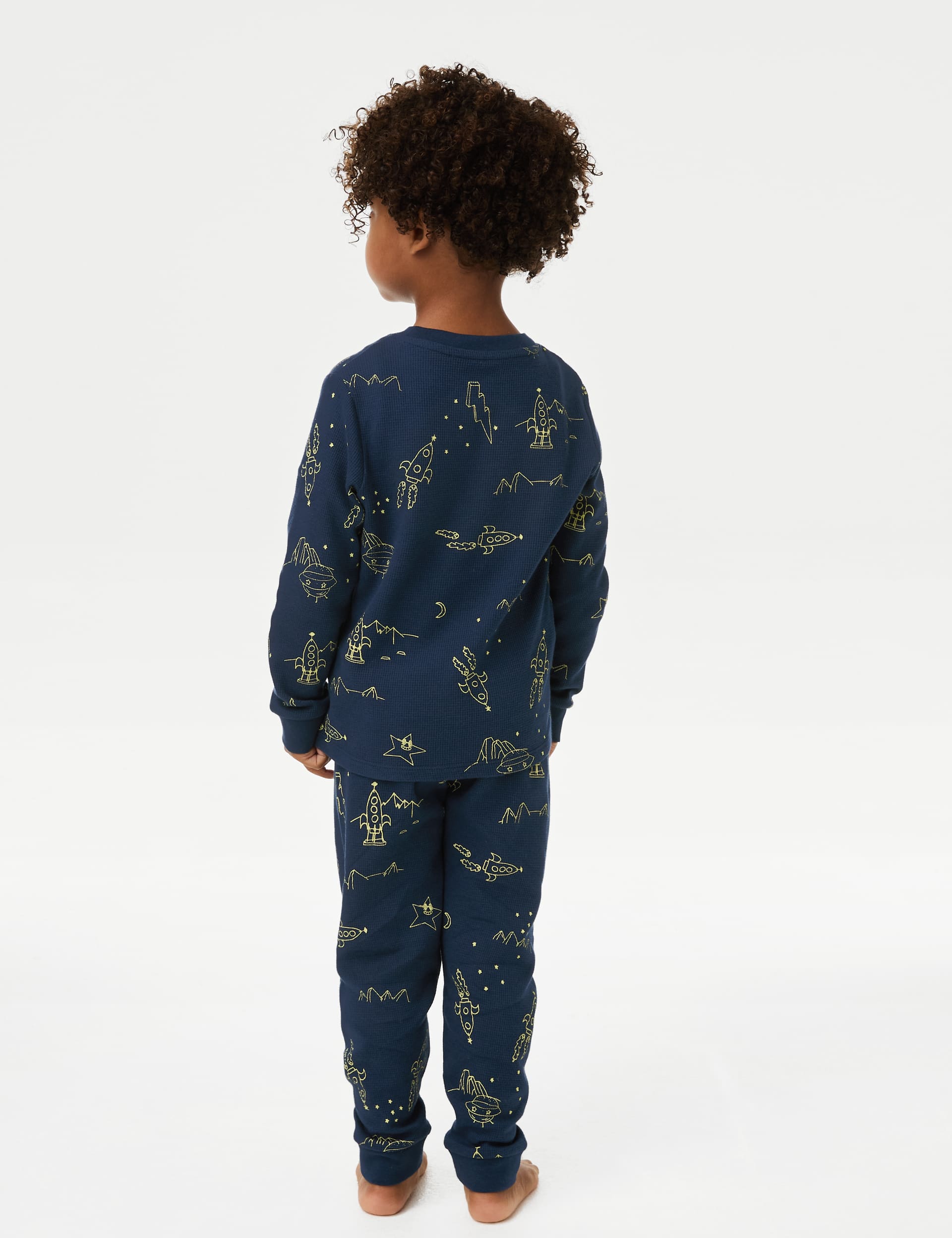 M&S Collection Boys Pure Cotton Waffle Space Pyjamas (1-8 Yrs) - 3-4 Y - Navy, Navy