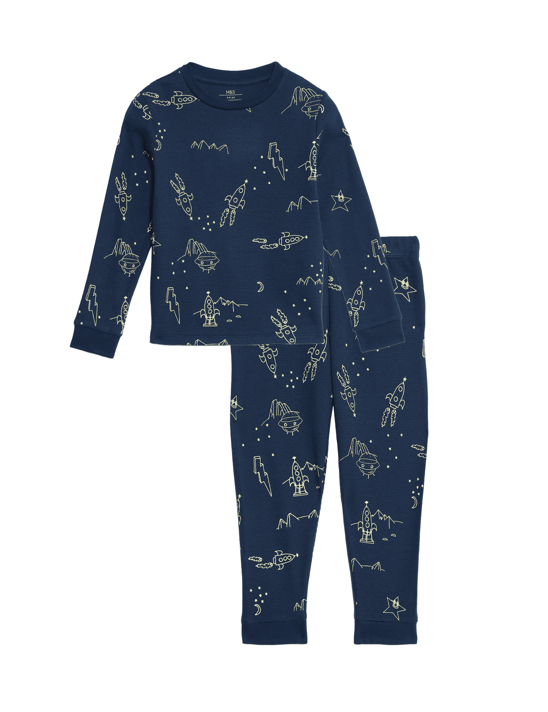 M&S Collection Boys Pure Cotton Waffle Space Pyjamas (1-8 Yrs) - 3-4 Y - Navy, Navy