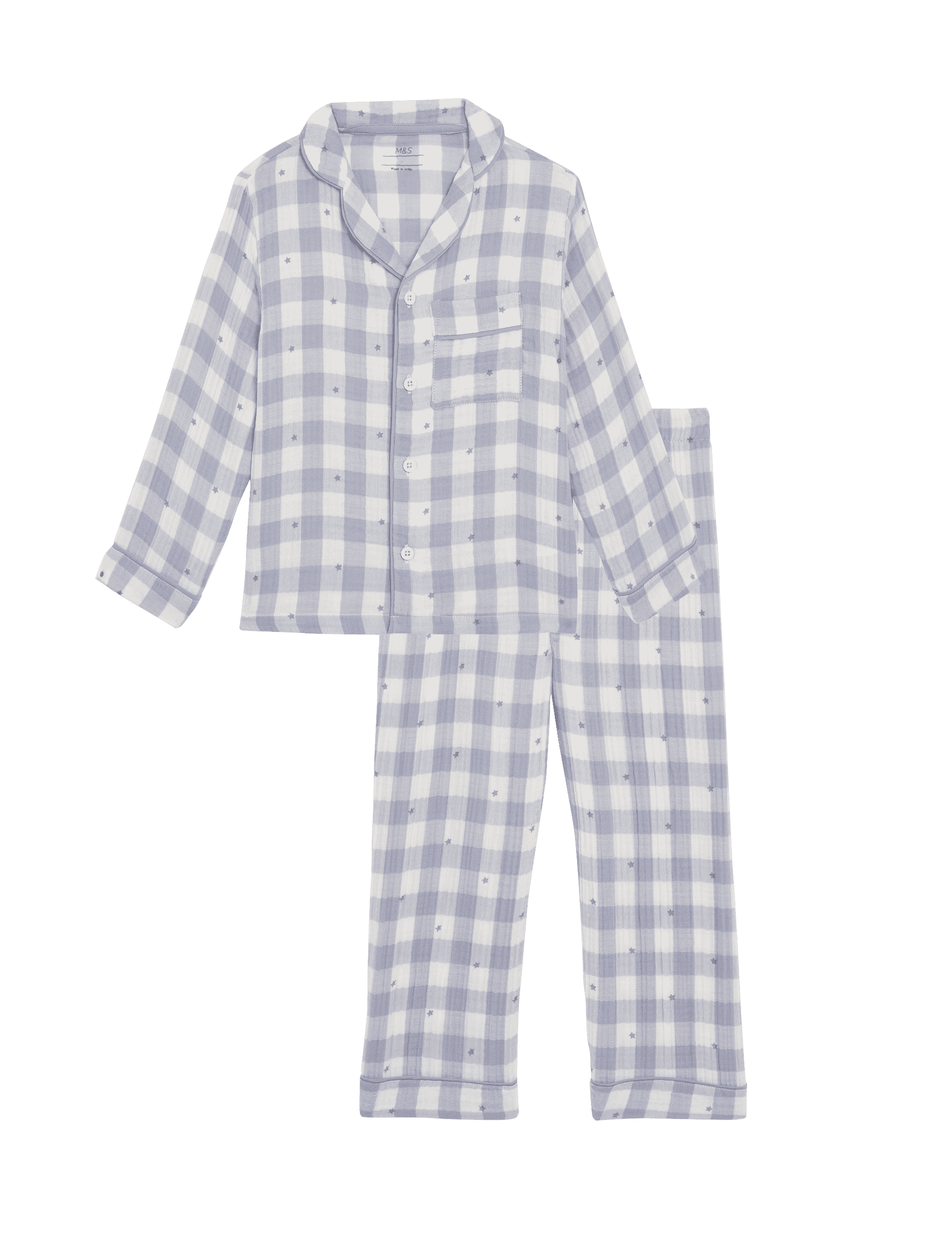 M&S Collection Pure Cotton Star Check Revere Pyjamas (1-8 Yrs) - 7-8 Y - Blue, Blue