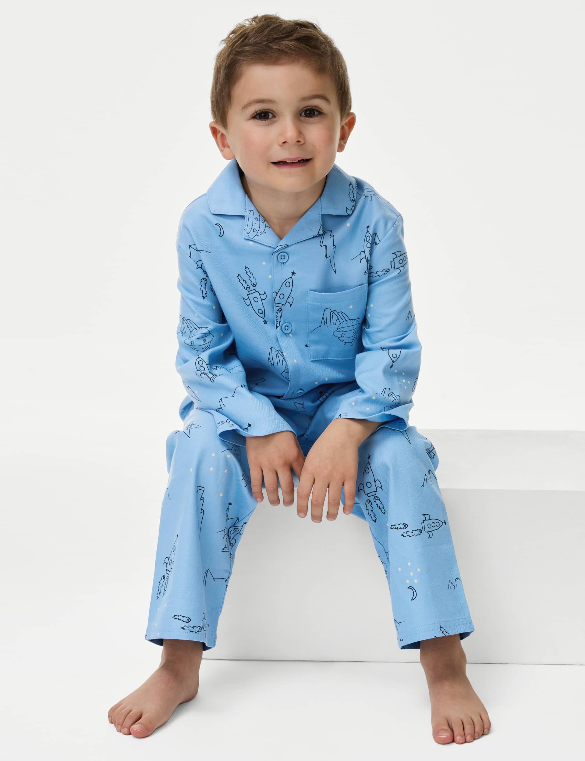 M&S Boys Pure Cotton Space Print Pyjamas (1-8 Yrs) - 3-4 Y - Blue Mix, Blue Mix