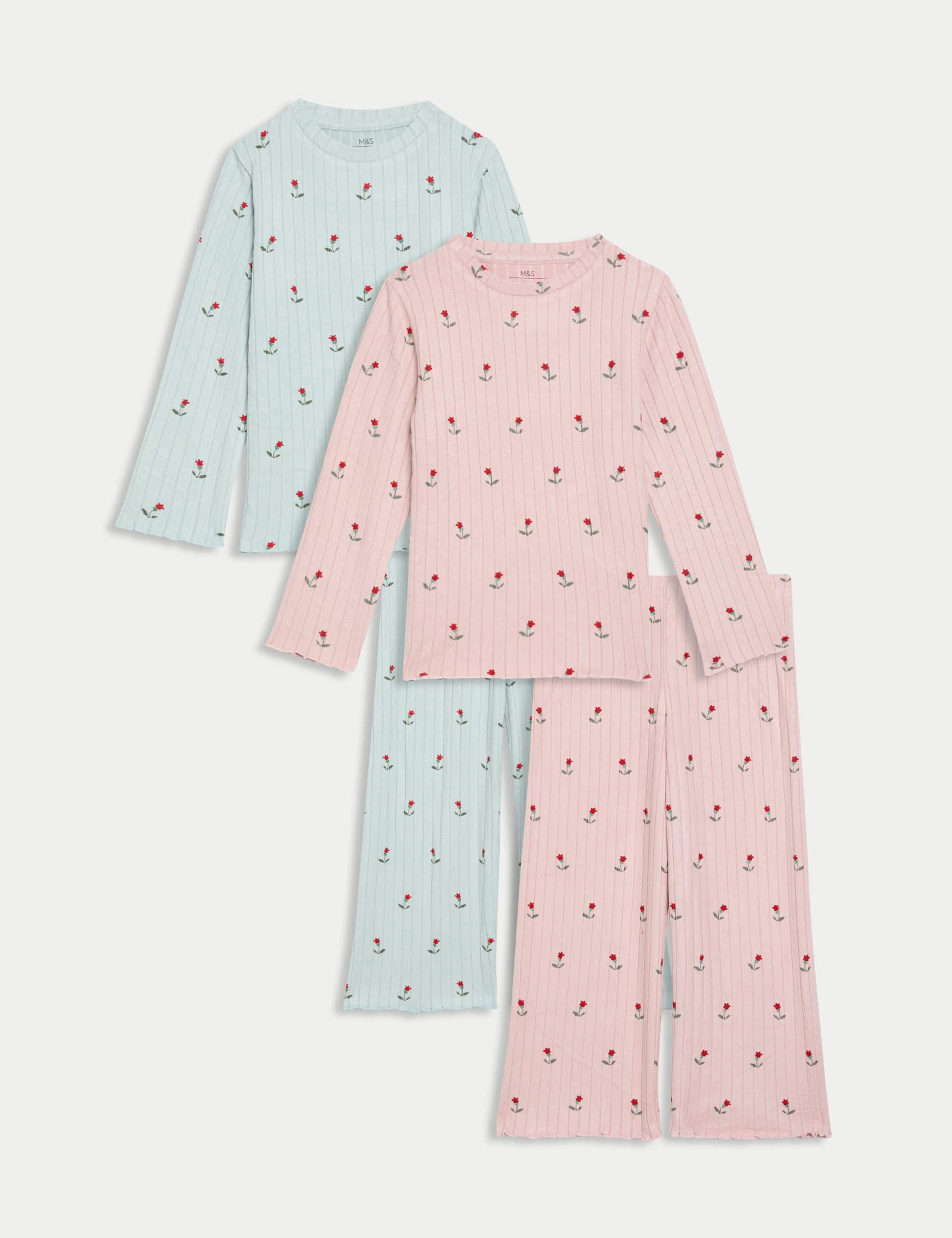 M&S Girls 2 Pack Cosy Rib Ditsy Floral Pyjama Sets (1-8 Yrs) - 2-3 Y - Multi, Multi