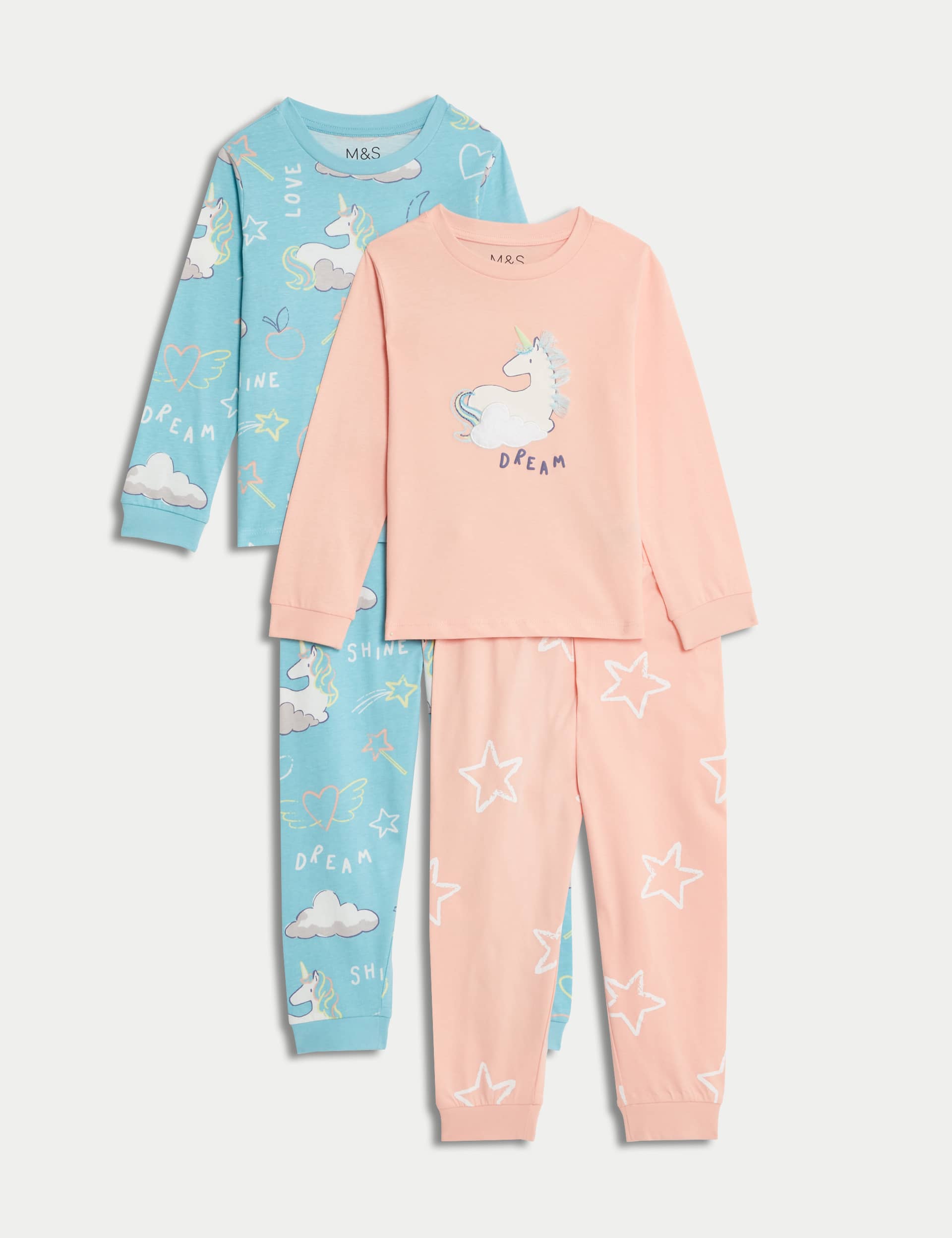 M&S Girls 2pk Pure Cotton Unicorn Pyjama Sets (1-8 Yrs) - 2-3 Y - Pink Mix, Pink Mix