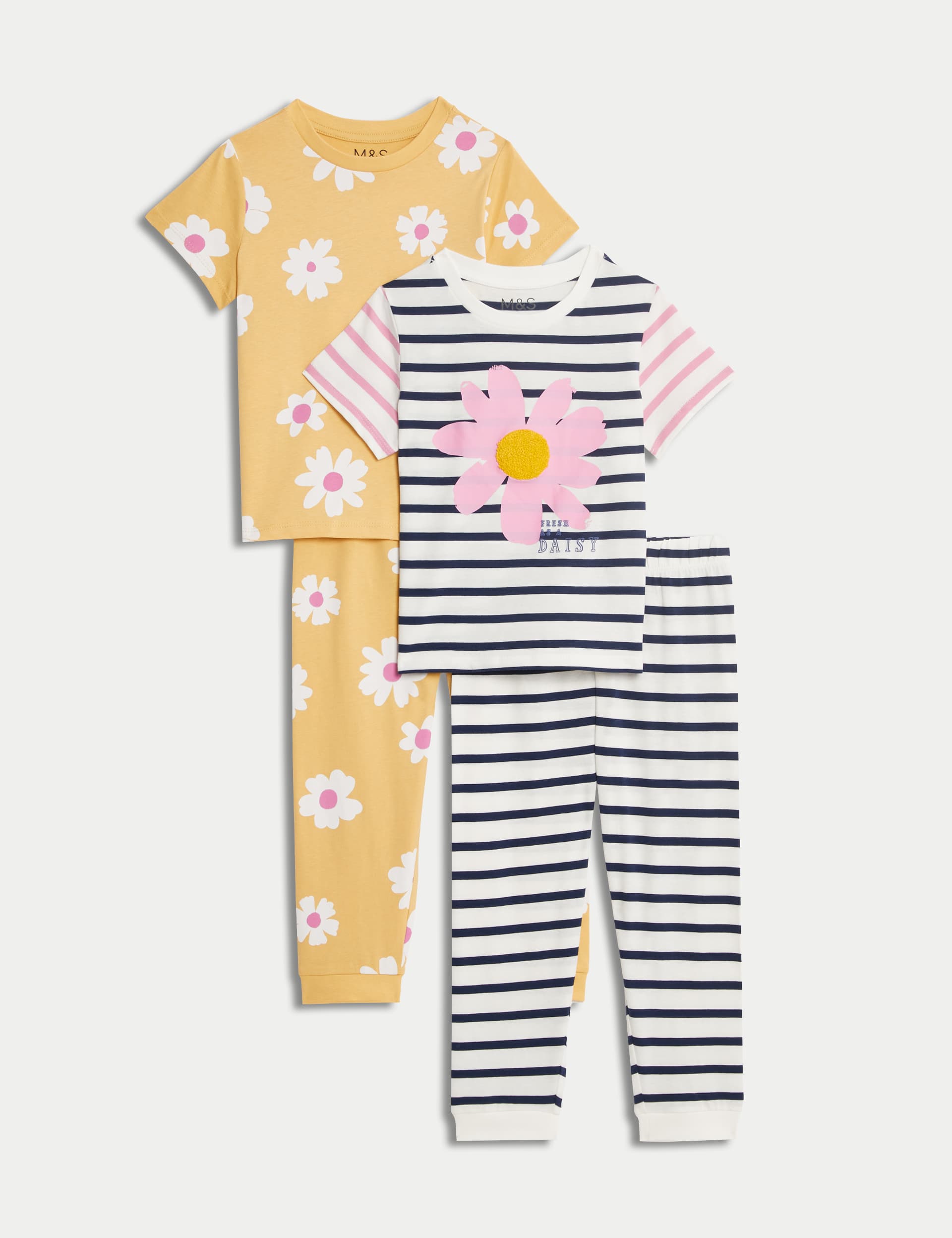 M&S Girls 2pk Pure Cotton Floral and Stripe Pyjama Sets (1-8 Yrs) - 3-4 Y - Yellow Mix, Yellow Mix