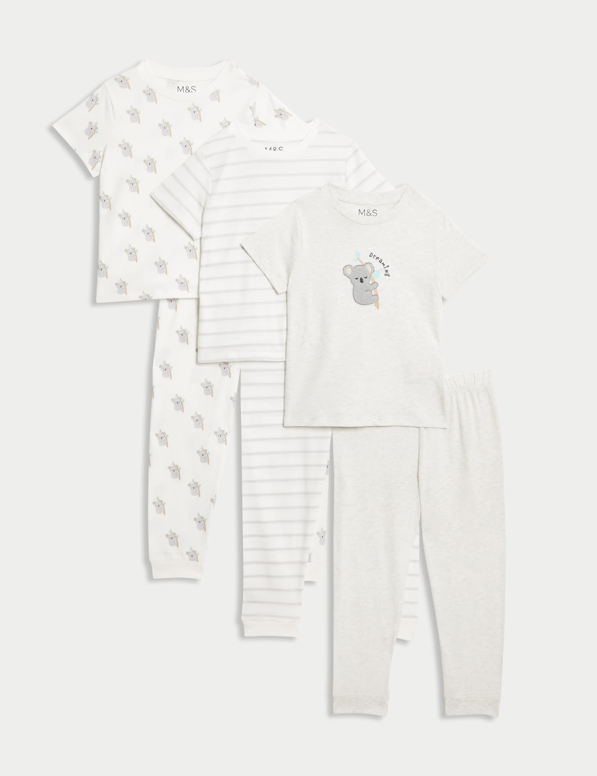 M&S Girls 3pk Pure Cotton Koala Pyjamas (1-8 Yrs) - 1-1+Y - Grey Mix, Grey Mix