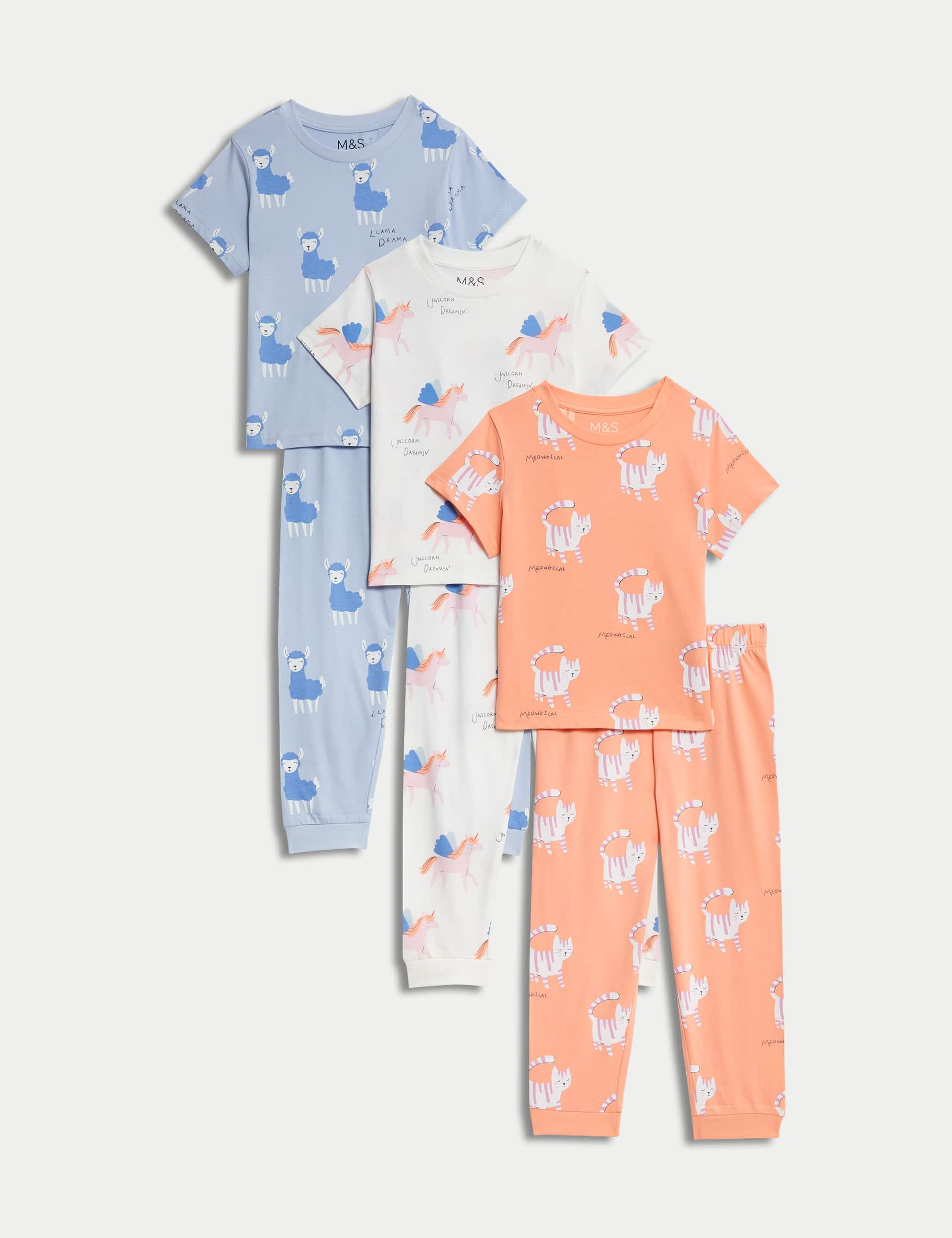 M&S Girls 3pk Pure Cotton Animal Pyjama Sets (1-8 Yrs) - 5-6 Y - Multi, Multi