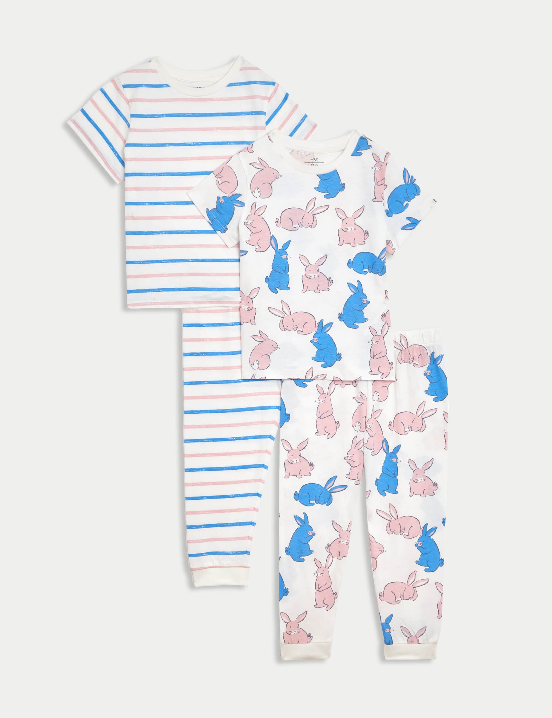 M&S Girls 2pk Pure Cotton Striped & Bunny Pyjama Sets (1-8 Yrs) - 2-3 Y - Ivory, Ivory