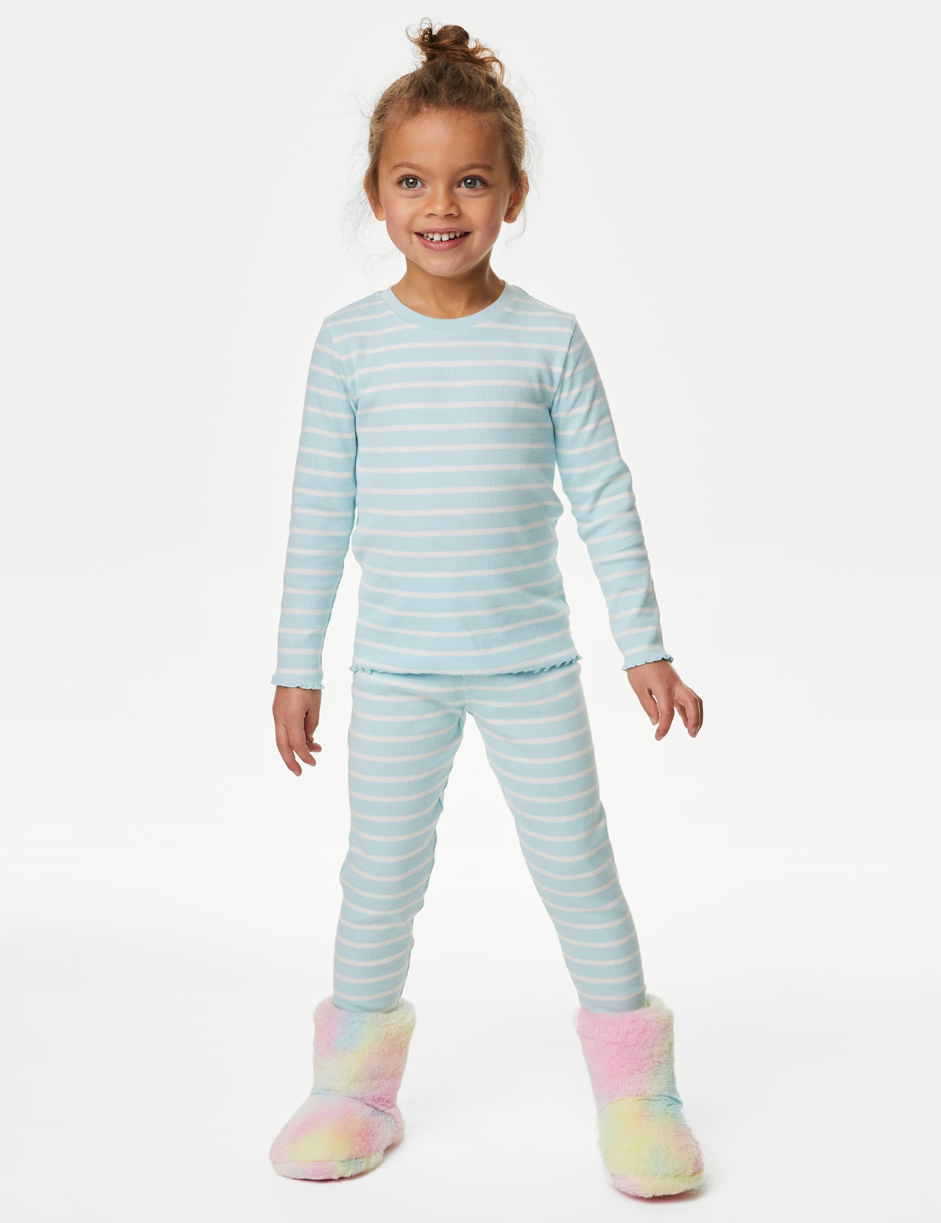 M&S Cotton Rich Striped Rib Pyjamas (1-8 Yrs) - 5-6 Y - Blue Mix, Blue Mix