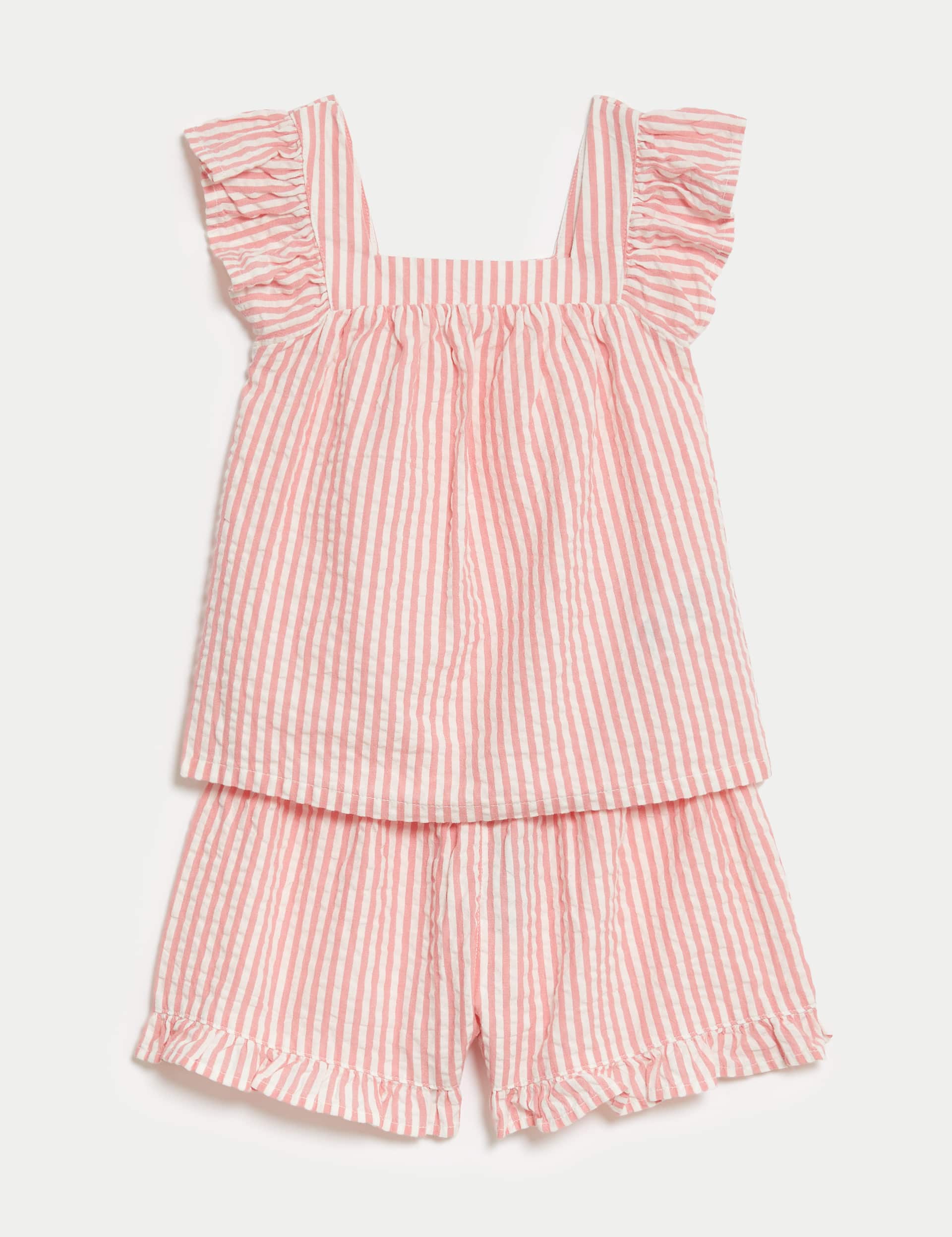 M&S Girls Pure Cotton Striped Frill Pyjamas (12 Mths