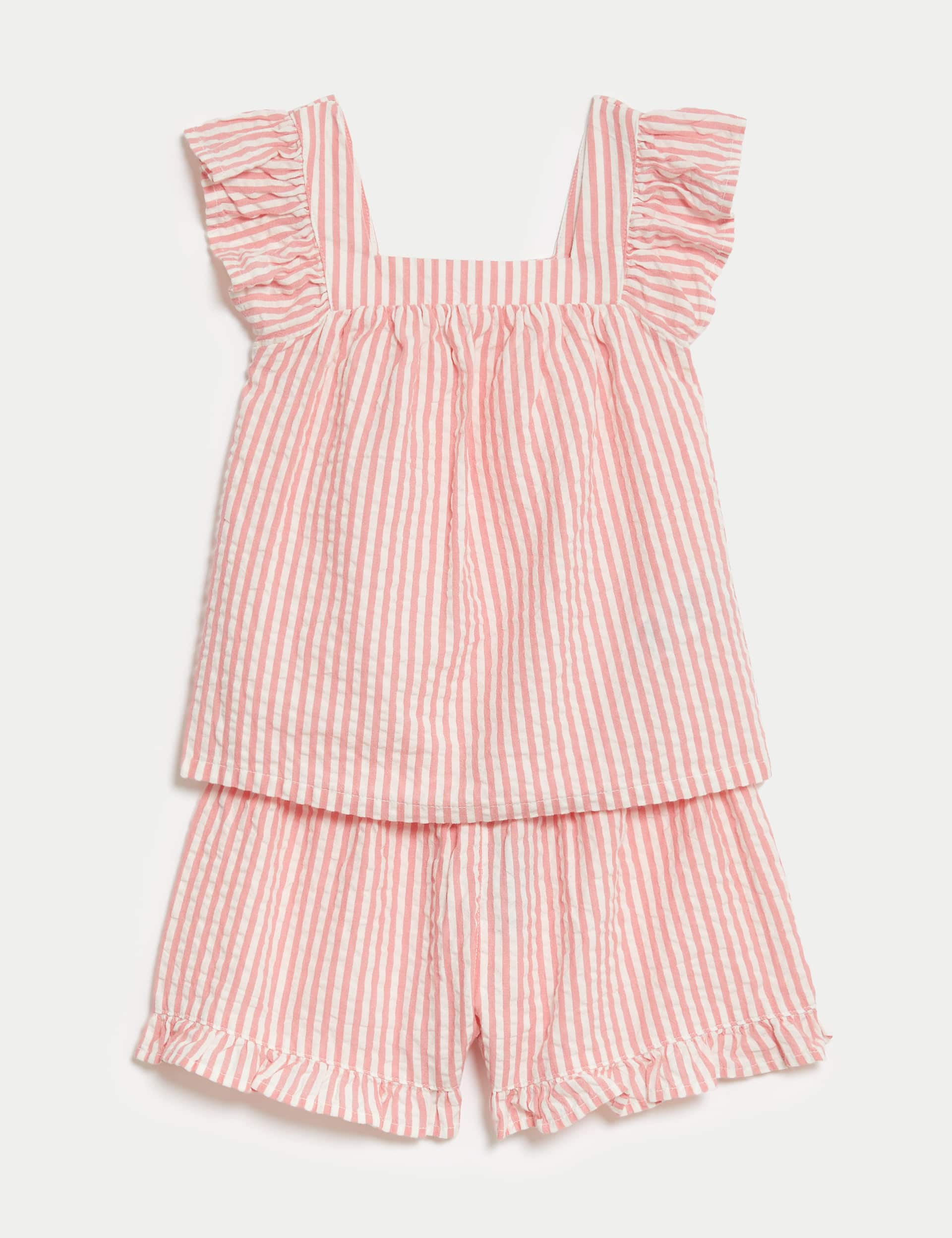 M&S Girls Pure Cotton Striped Frill Pyjamas (12 Mths - 8 Yrs) - 2-3 Y - Pink Mix, Pink Mix