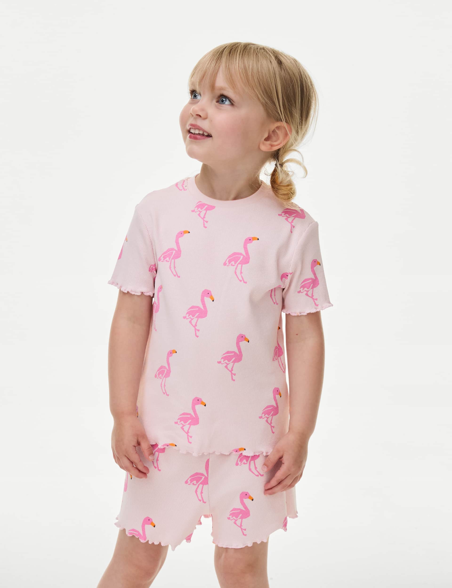 M&S Girls Cotton Rich Flamingo Rib Pyjamas (1-8 Yrs)