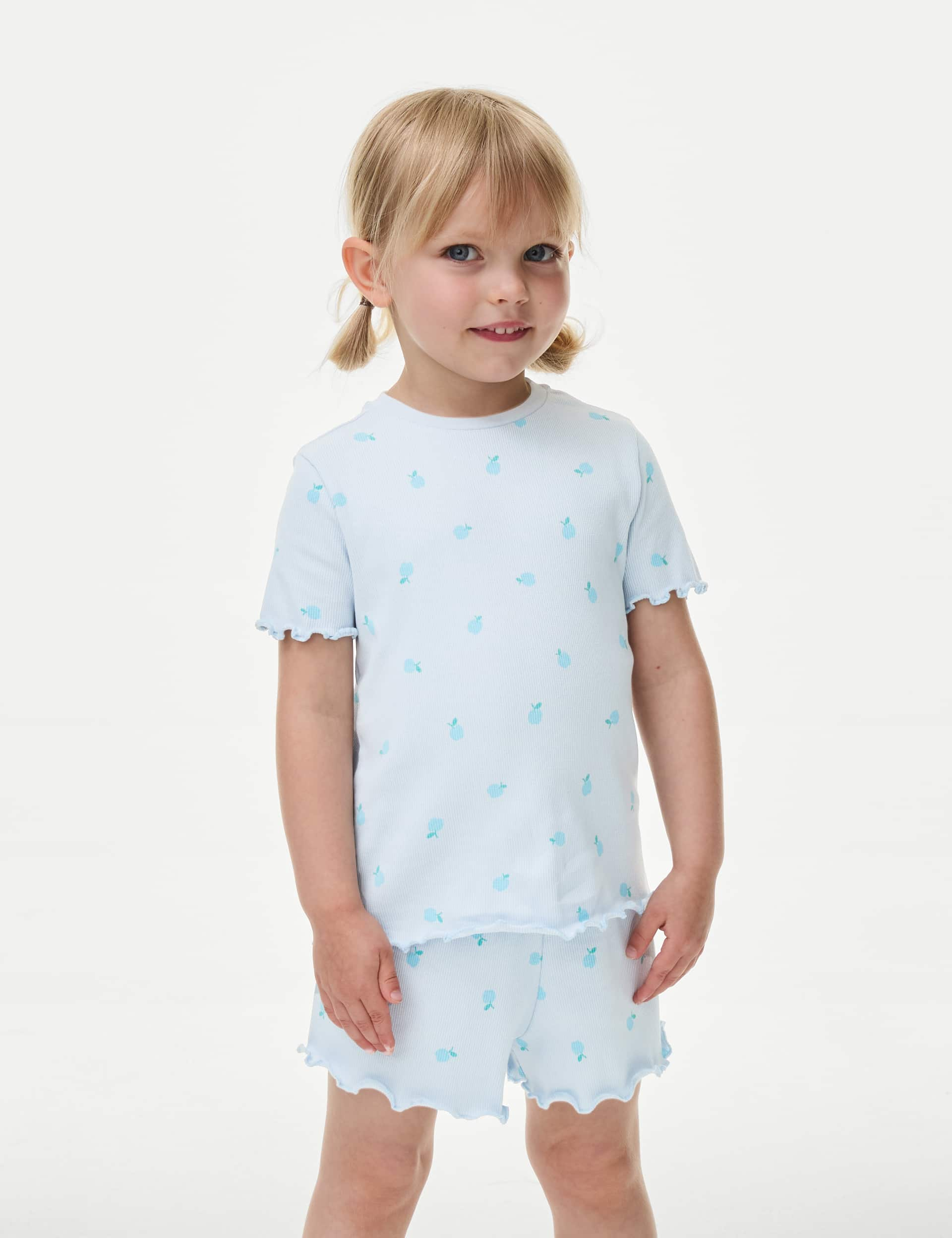 M&S Girls Cotton Rich Apple Pyjamas (1-8 Yrs) - 6-7 Y - Light Blue, Light Blue