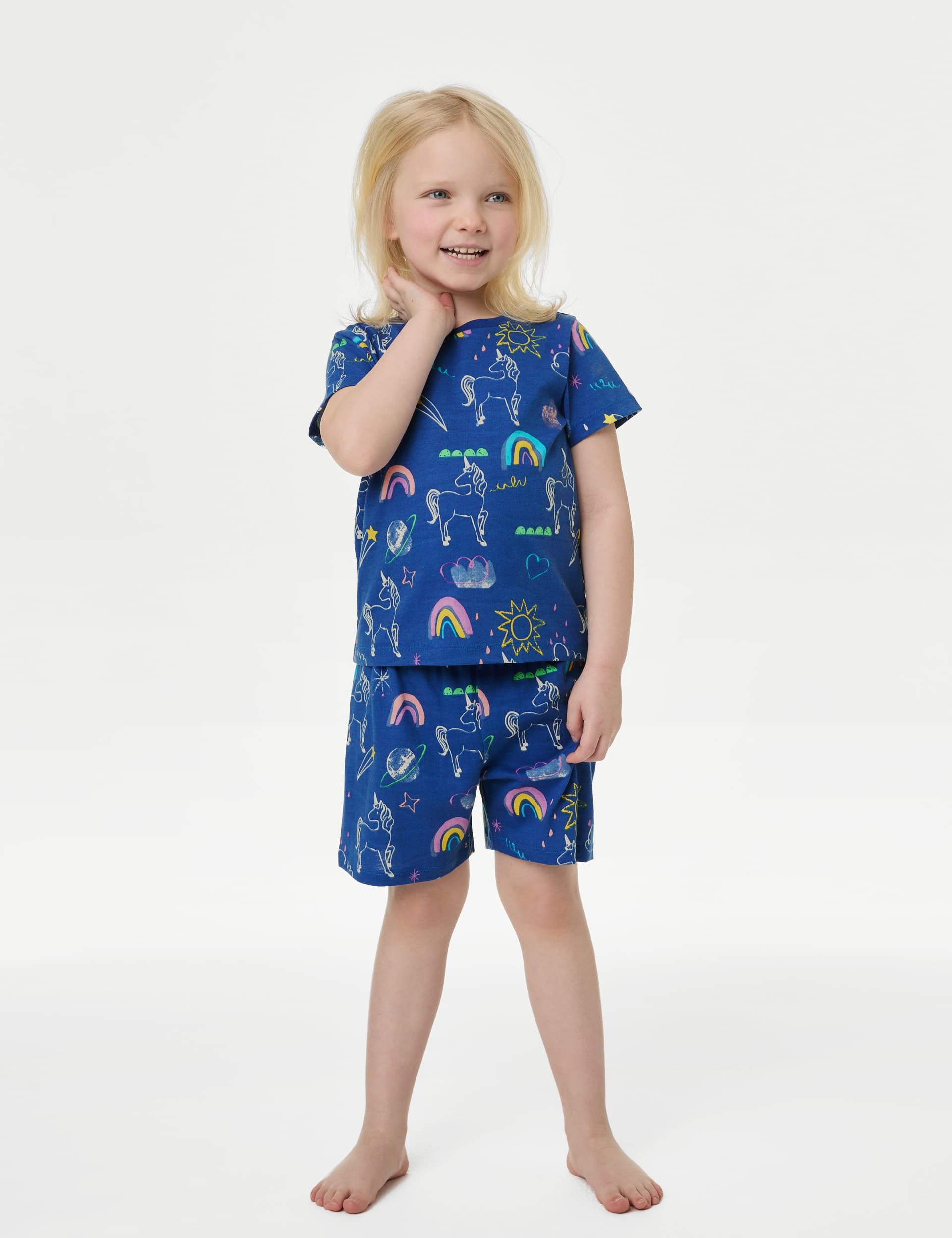 M&S Girls Pure Cotton Glow in the Dark Heart Pyjamas (1-8 Yrs) - 2-3 Y - Blue, Blue