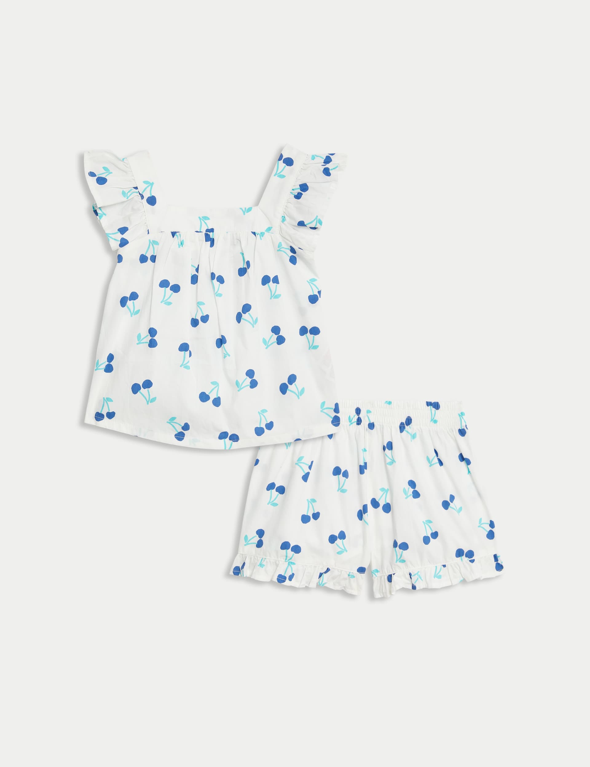 M&S Girls Pure Cotton Cherry Frill Pyjamas (12 Mths - 8 Yrs) - 2-3 Y - Blue Mix, Blue Mix