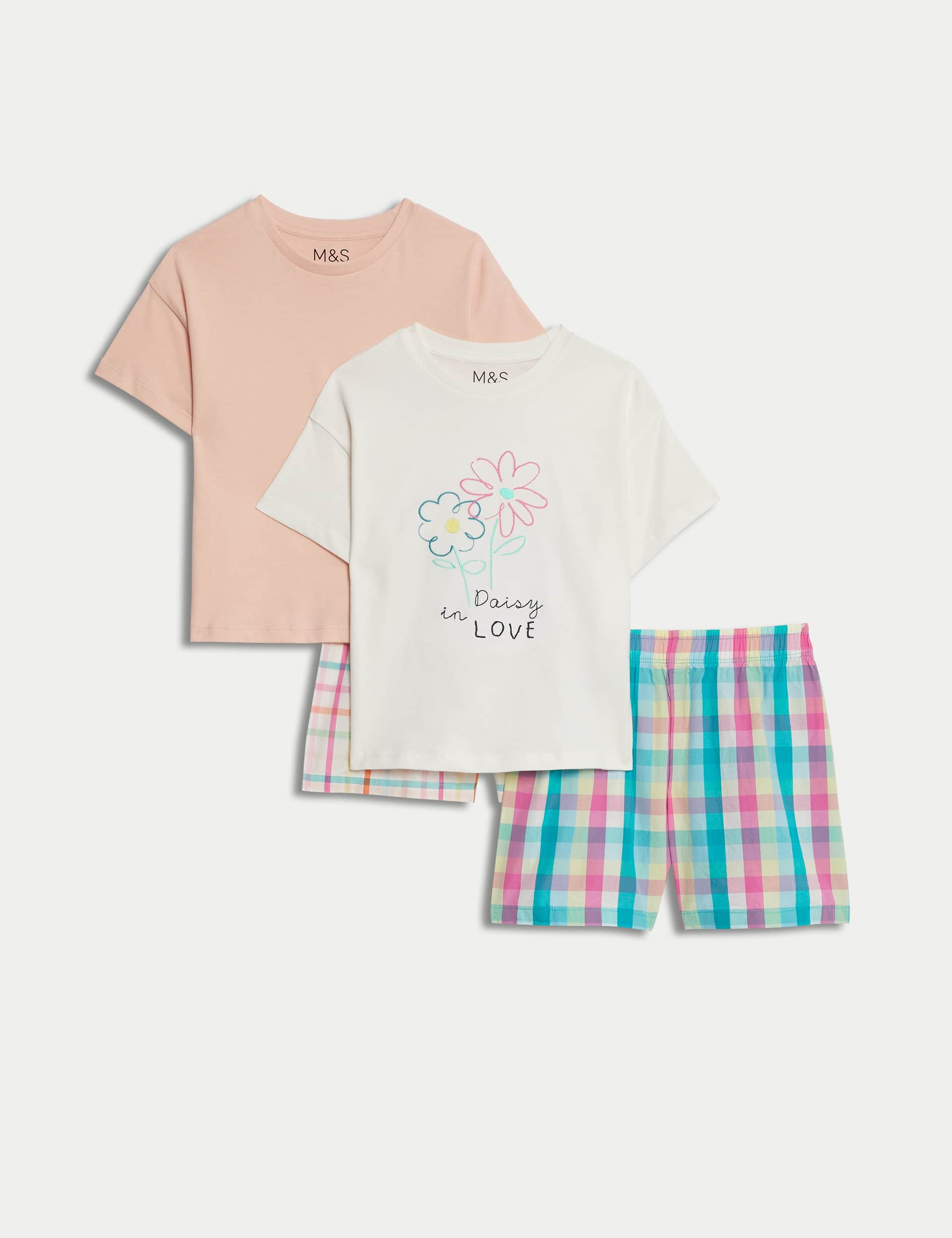 M&S Girls 2pk Pure Cotton Check Pyjama Sets (1-8 Yrs) - 2-3 Y - Ivory, Ivory