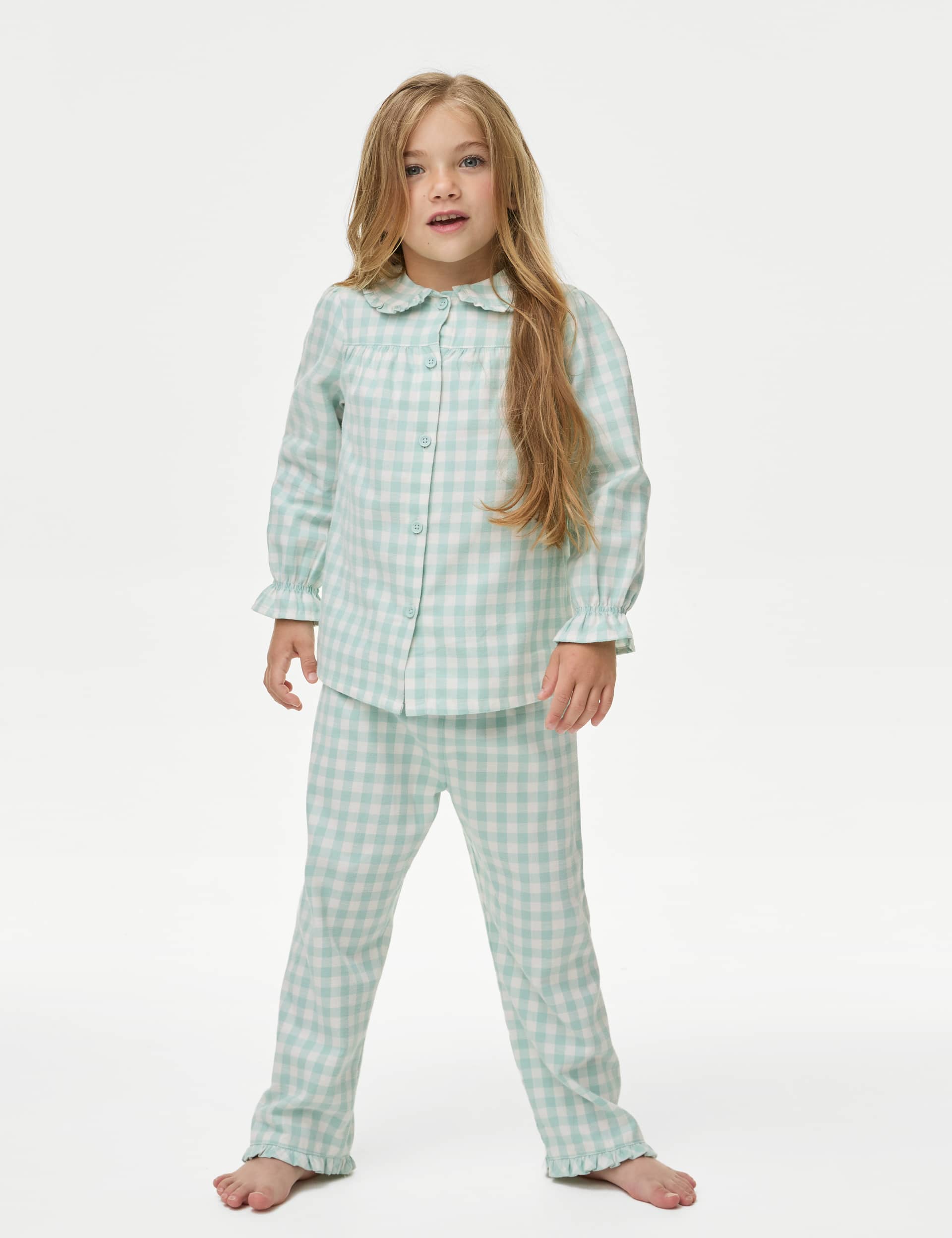 M&S Girls Pure Cotton Checked Pyjamas (1-8 Yrs) - 2-3 Y - Mint, Red,Mint