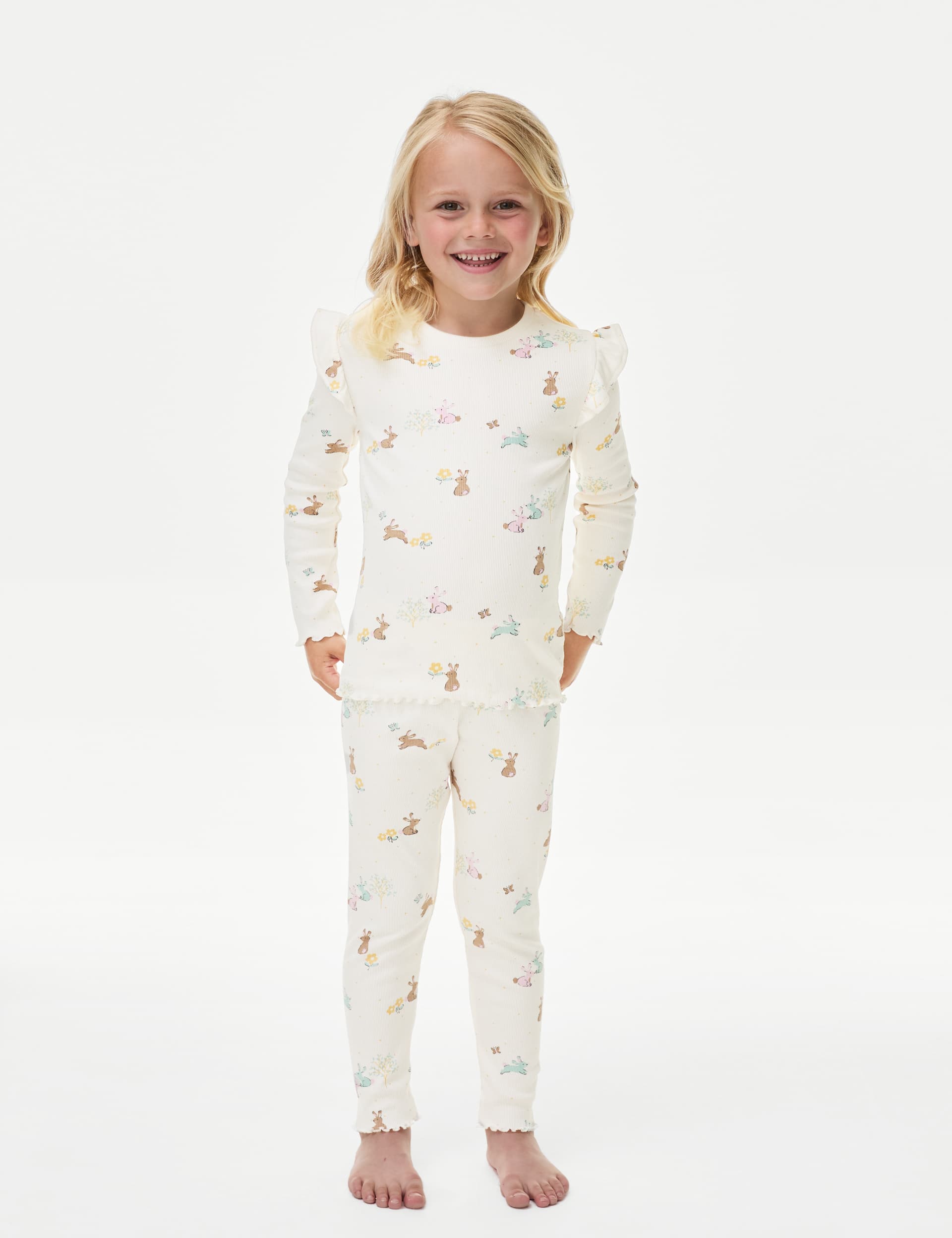 M&S Girls Cotton Rich Bunny Rib Pyjamas (1-8 Yrs) - 3-4 Y - Ecru Mix, Ecru Mix